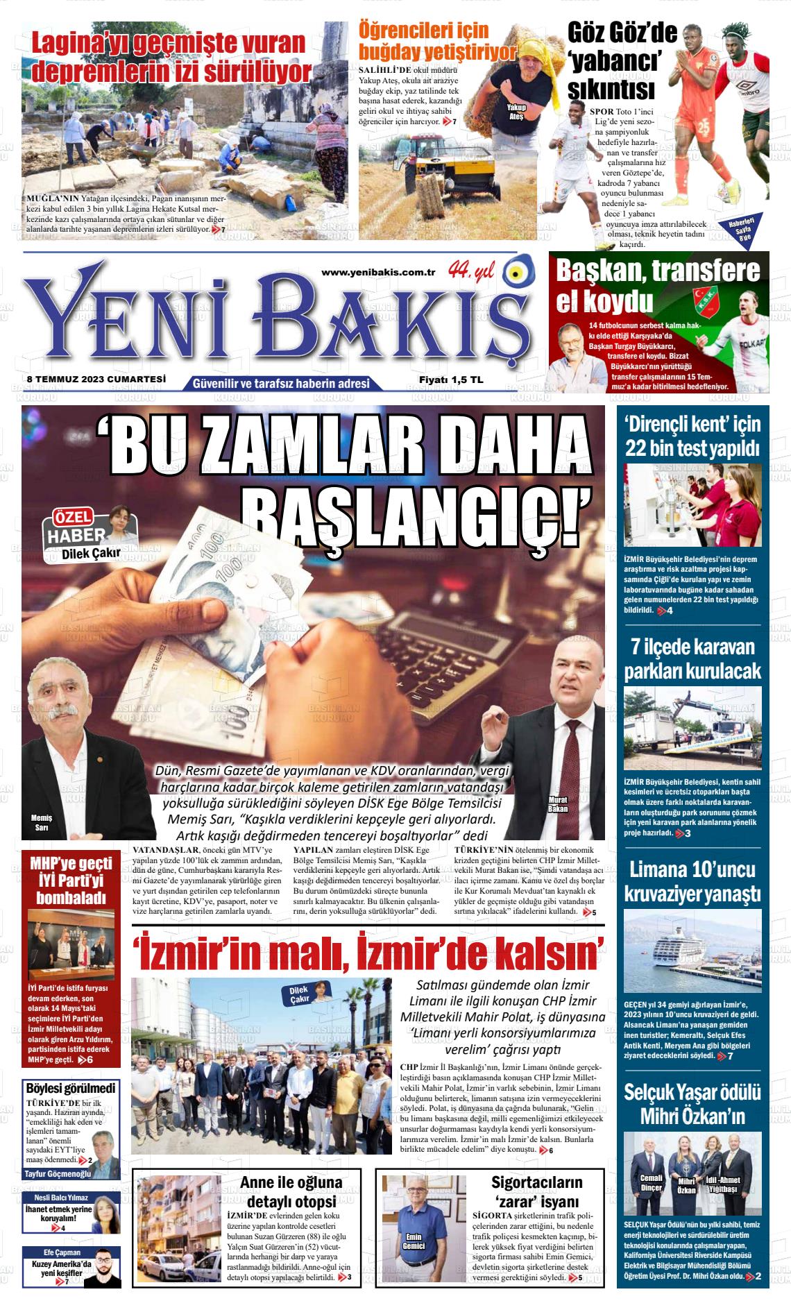 08 Temmuz 2023 Yeni Bakış Gazete Manşeti