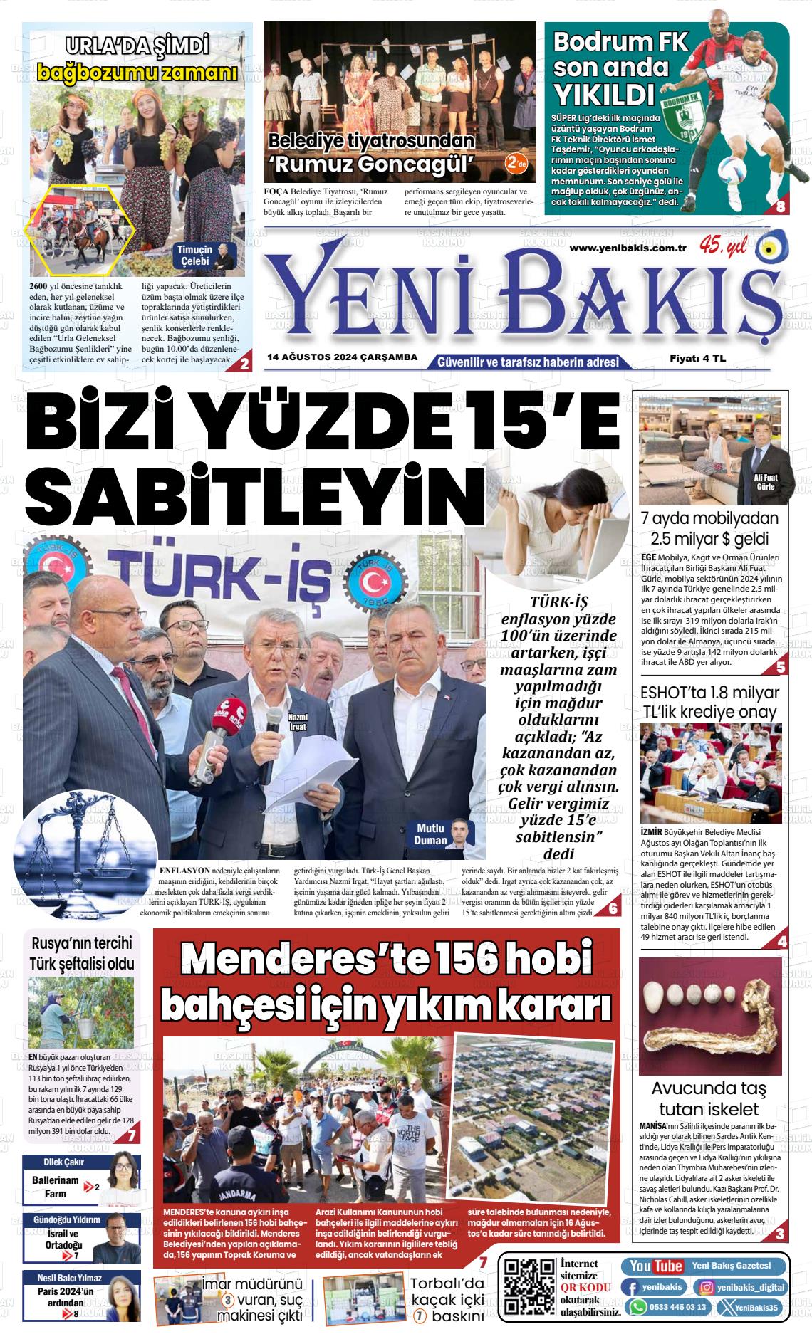 14 Ağustos 2024 Yeni Bakış Gazete Manşeti