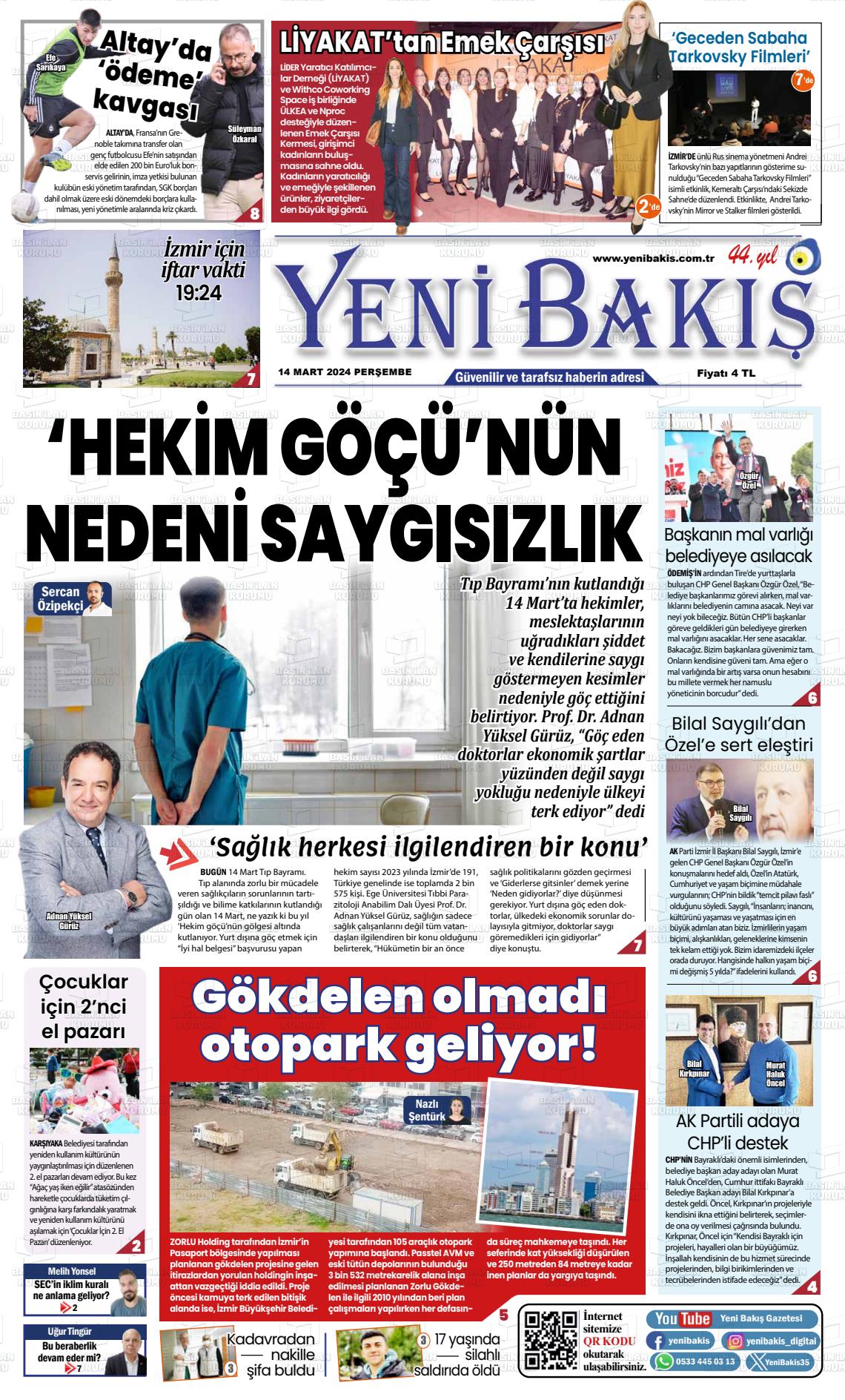 14 Mart 2024 Yeni Bakış Gazete Manşeti