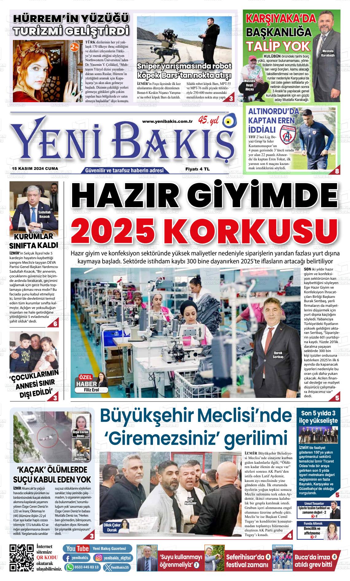 15 Kasım 2024 Yeni Bakış Gazete Manşeti