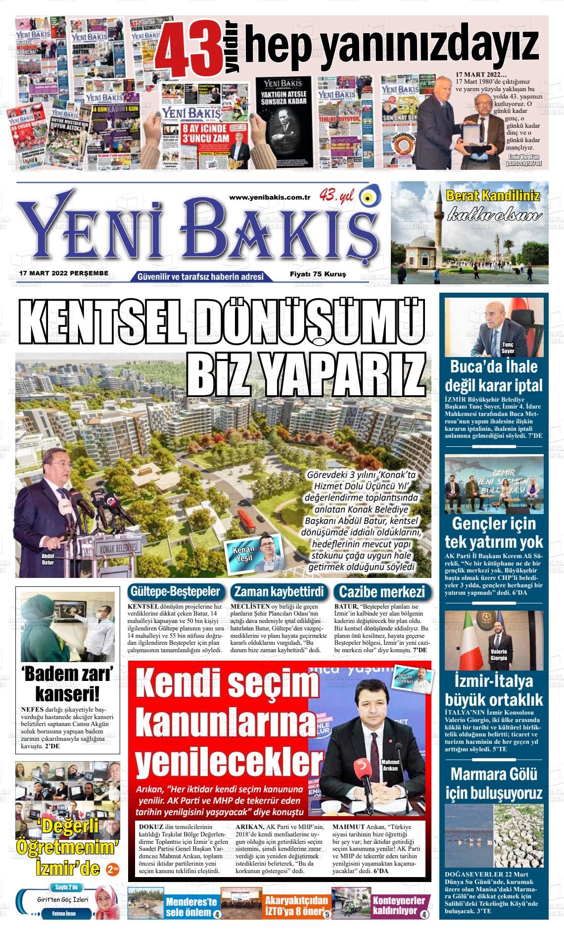 17 Mart 2022 Yeni Bakış Gazete Manşeti