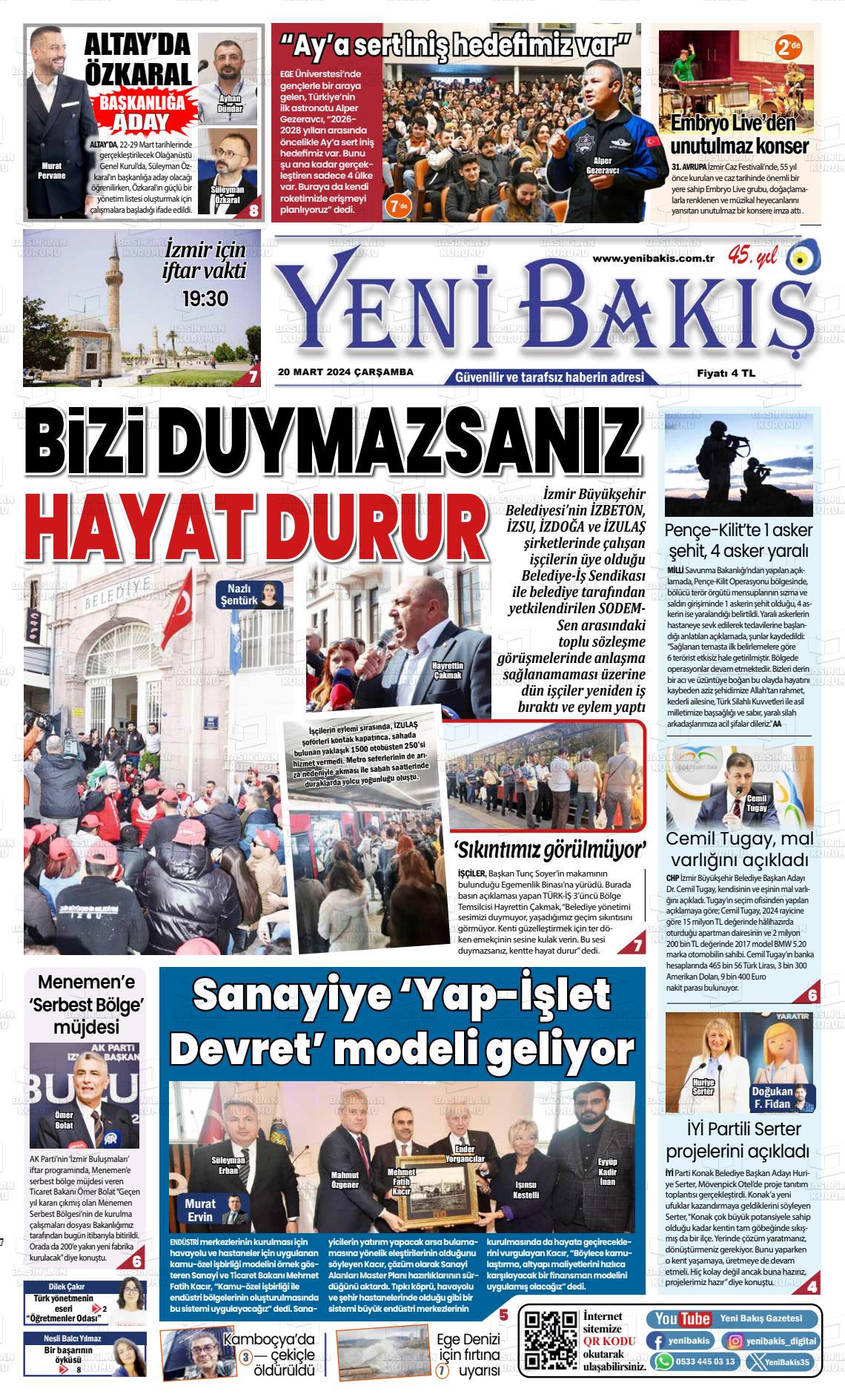 20 Mart 2024 Yeni Bakış Gazete Manşeti