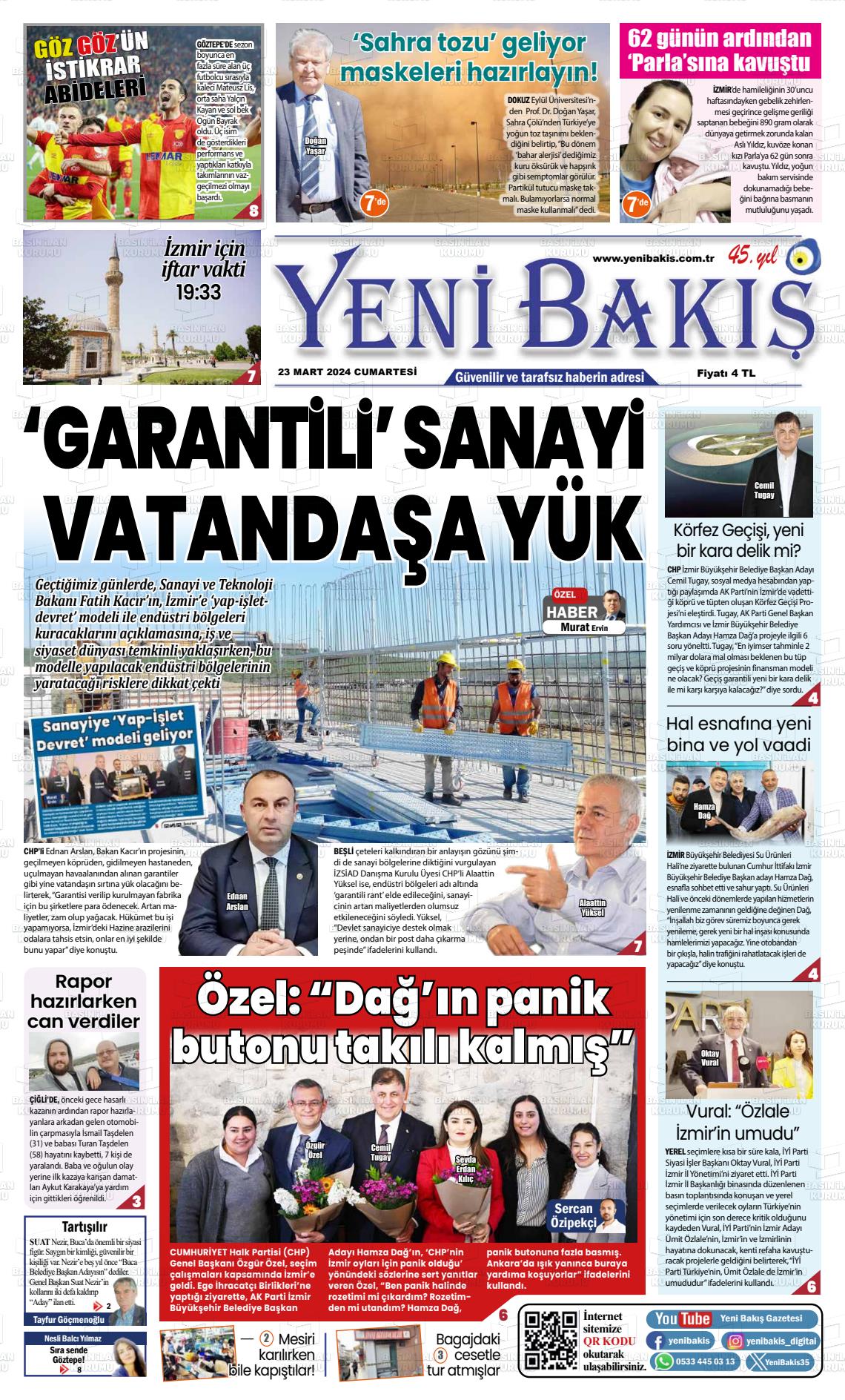 23 Mart 2024 Yeni Bakış Gazete Manşeti