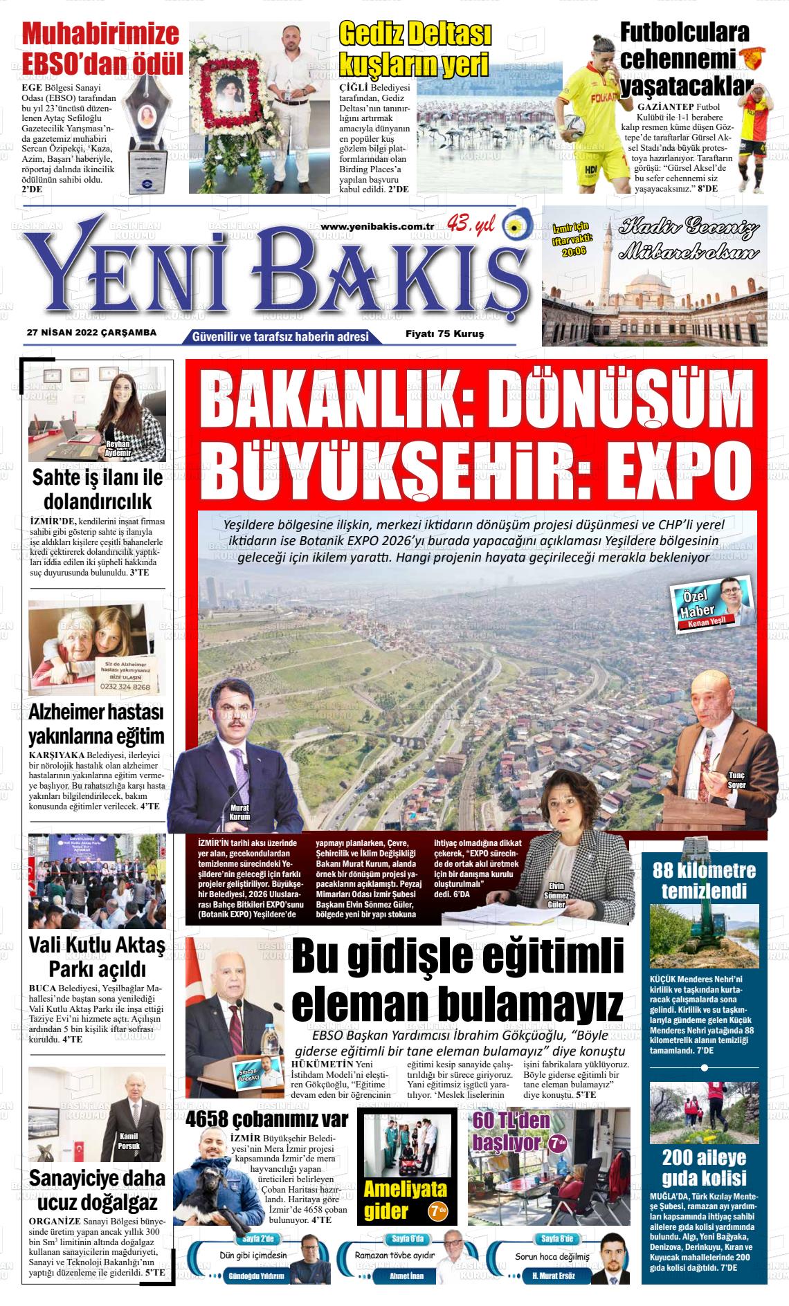 27 Nisan 2022 Yeni Bakış Gazete Manşeti