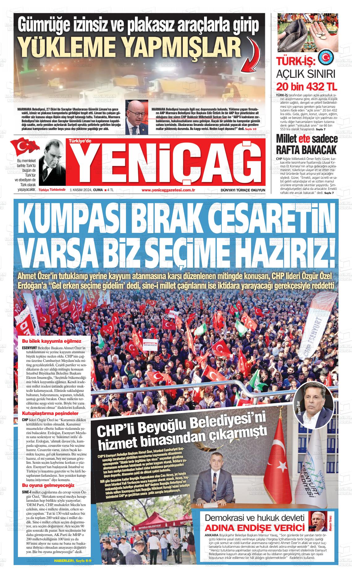 01 Kasım 2024 Yeniçağ Gazete Manşeti