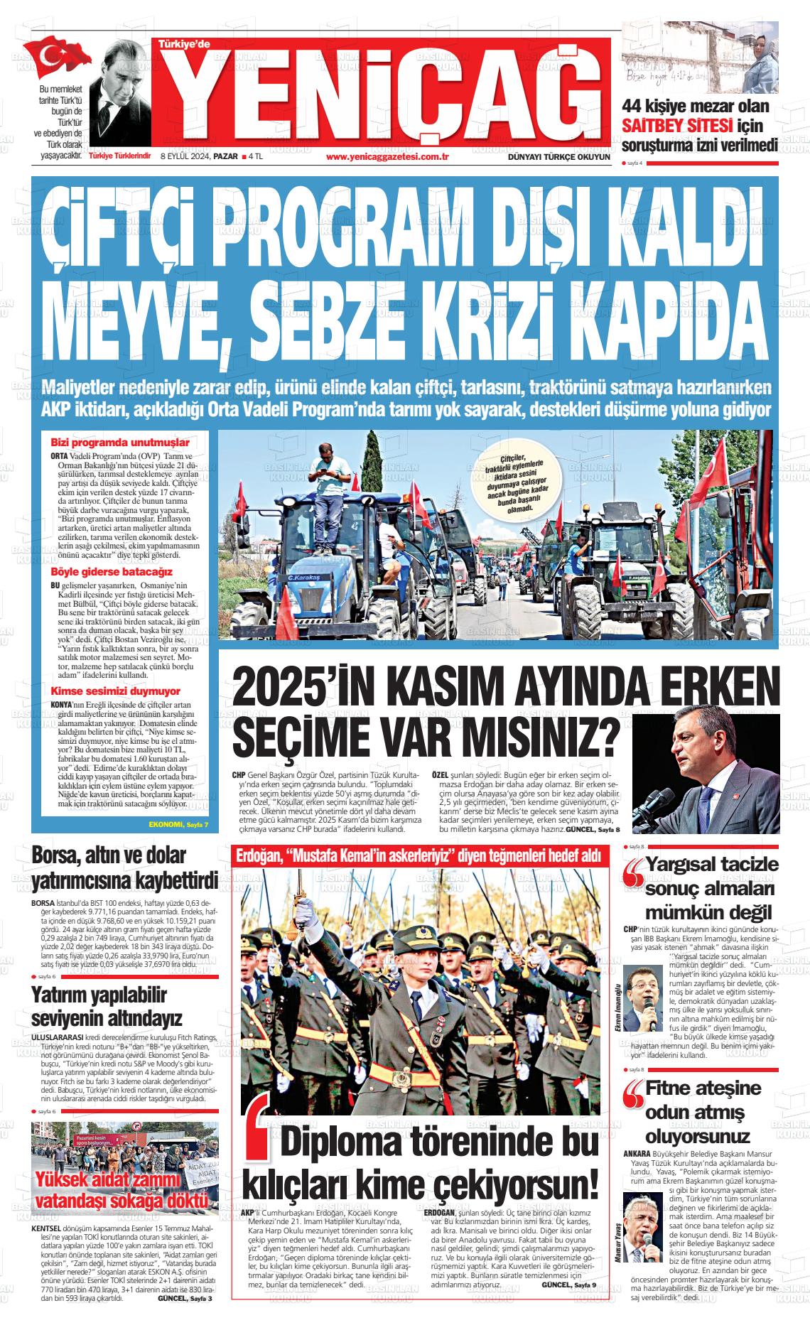 08 Eylül 2024 Yeniçağ Gazete Manşeti