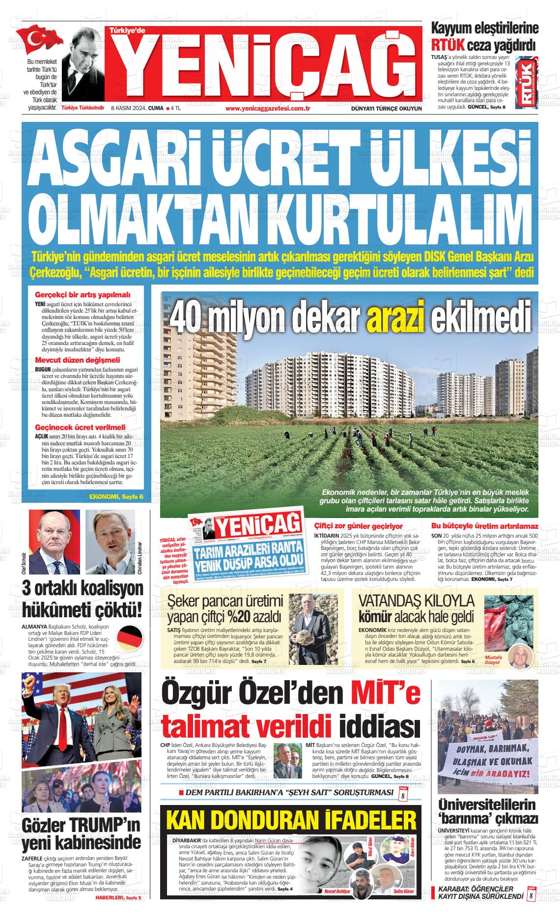 08 Kasım 2024 Yeniçağ Gazete Manşeti