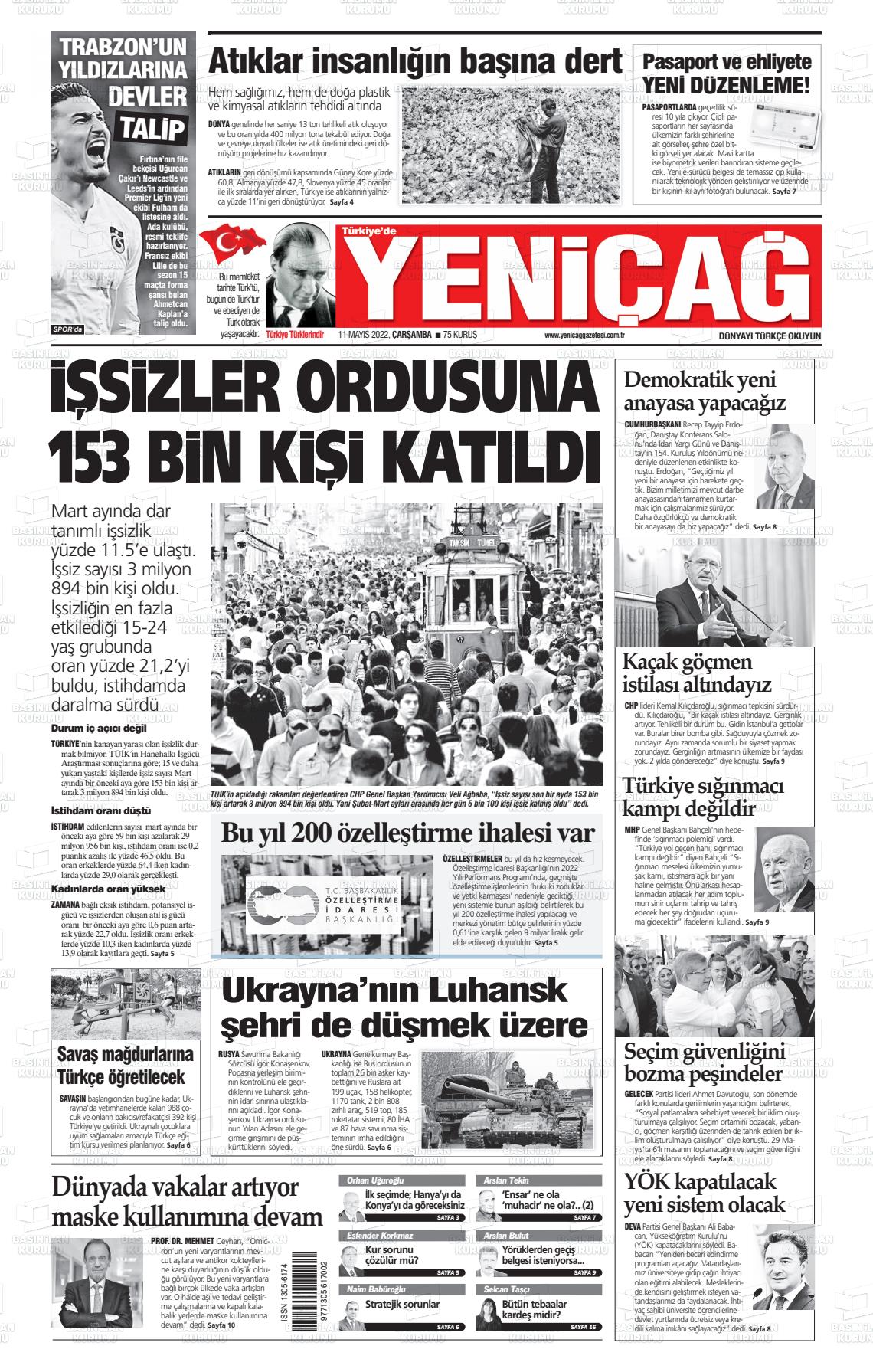 11 Mayıs 2022 Yeniçağ Gazete Manşeti