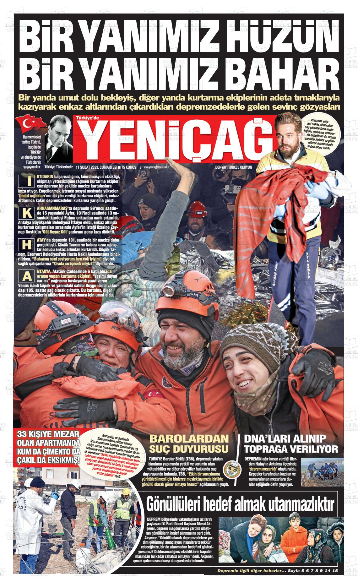 11 Şubat 2023 Yeniçağ Gazete Manşeti