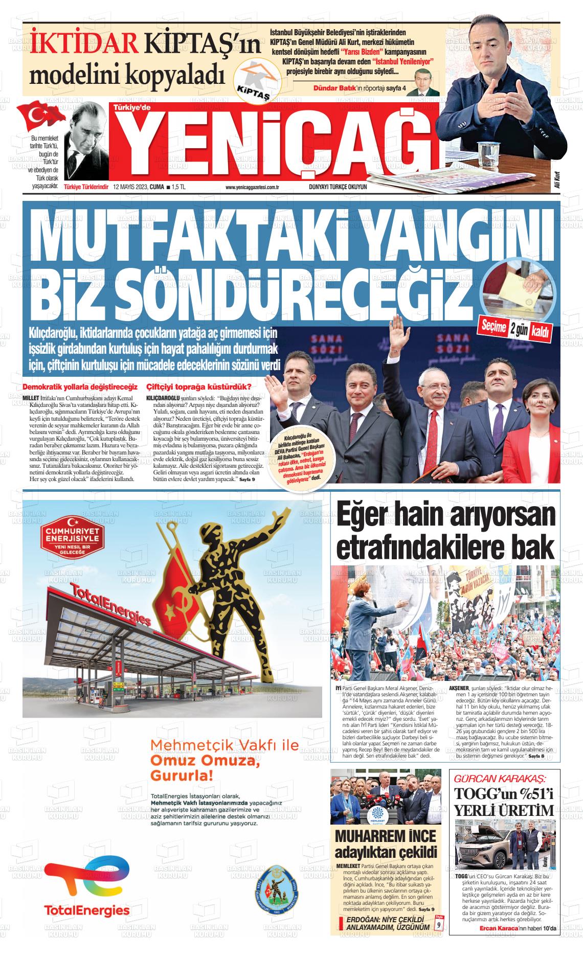 12 Mayıs 2023 Yeniçağ Gazete Manşeti