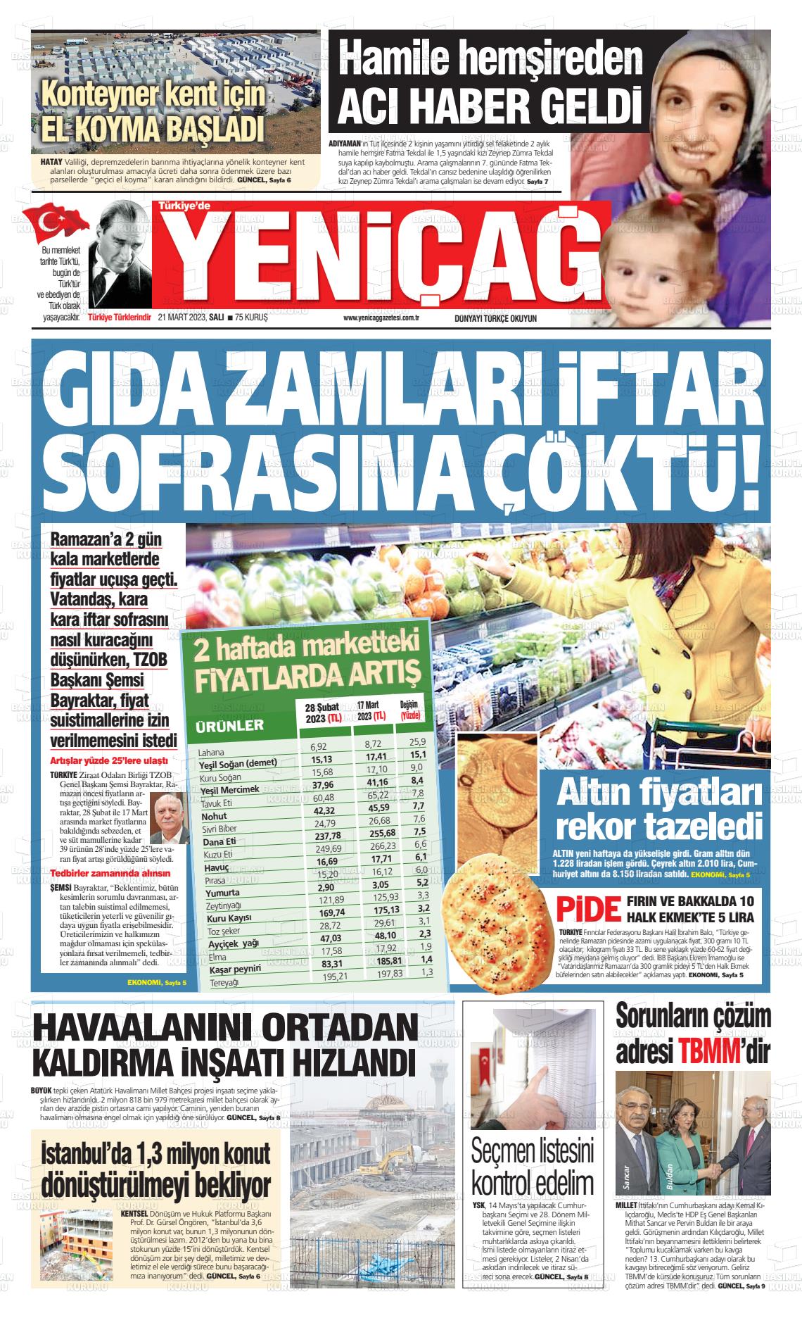 21 Mart 2023 Yeniçağ Gazete Manşeti