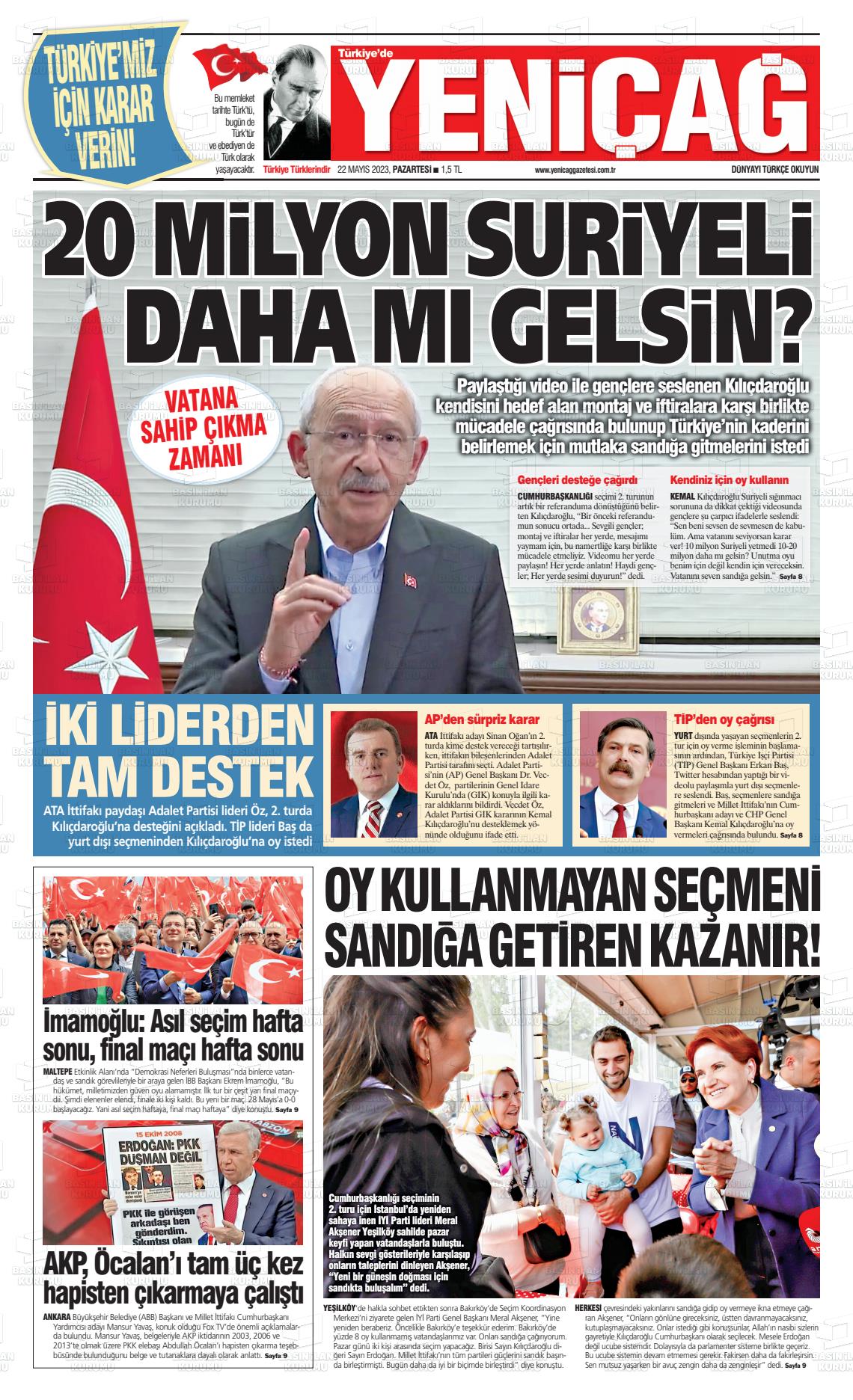 22 Mayıs 2023 Yeniçağ Gazete Manşeti