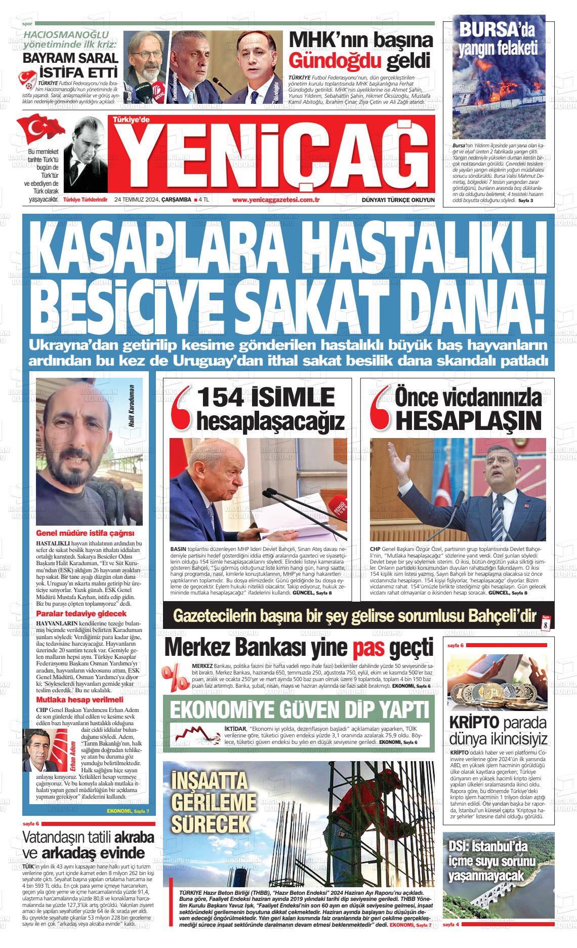 24 Temmuz 2024 Yeniçağ Gazete Manşeti