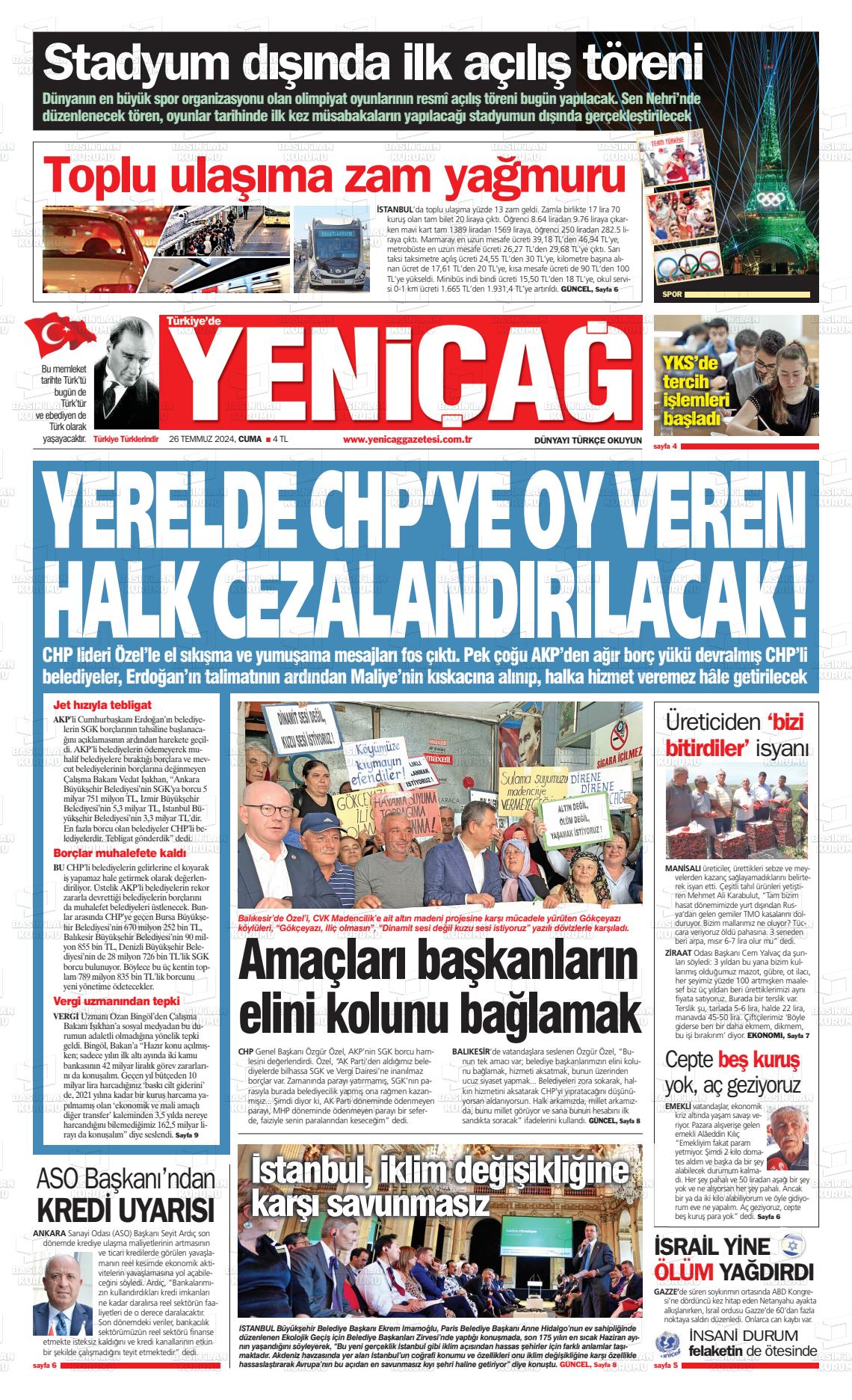 27 Temmuz 2024 Yeniçağ Gazete Manşeti