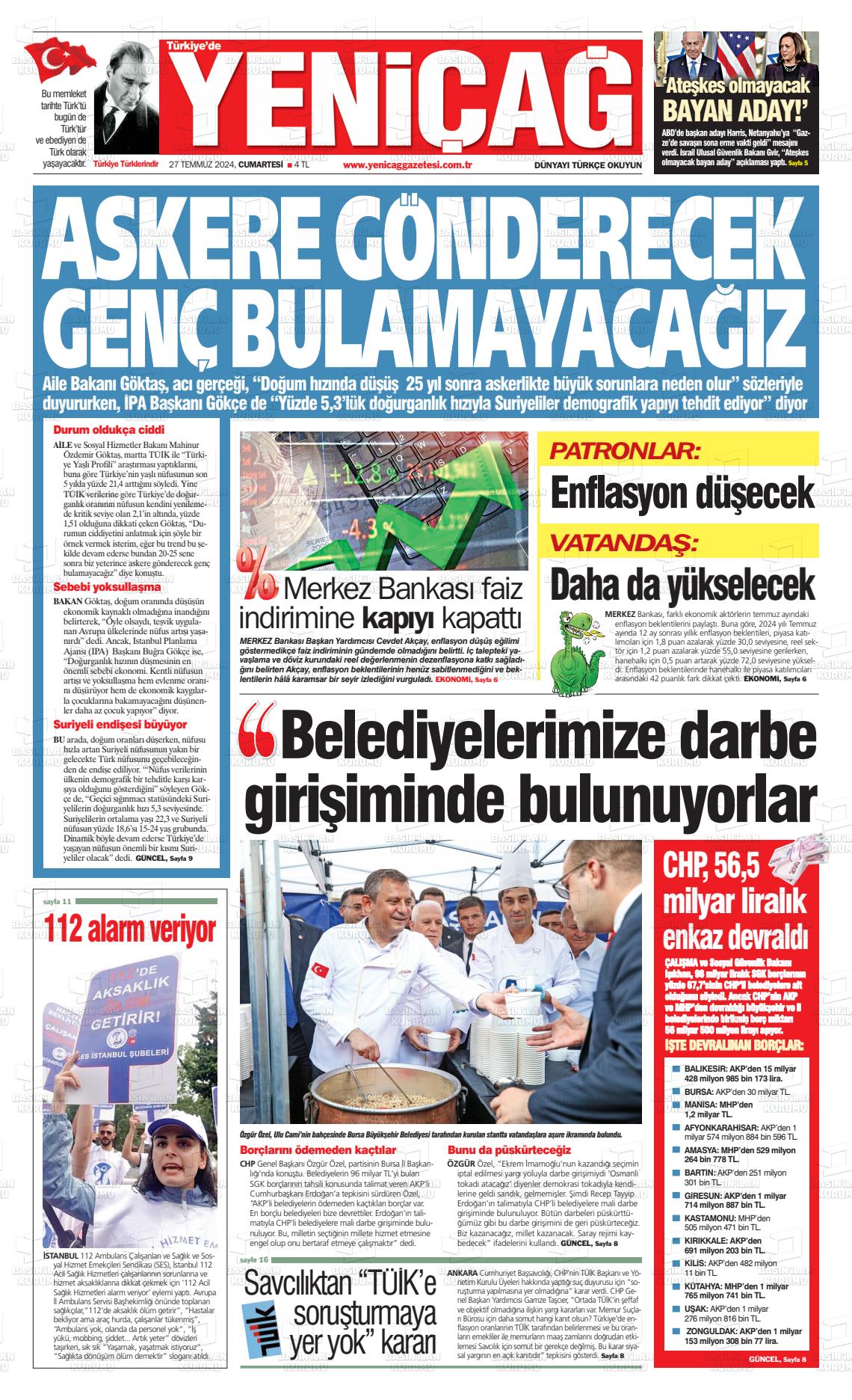 27 Temmuz 2024 Yeniçağ Gazete Manşeti