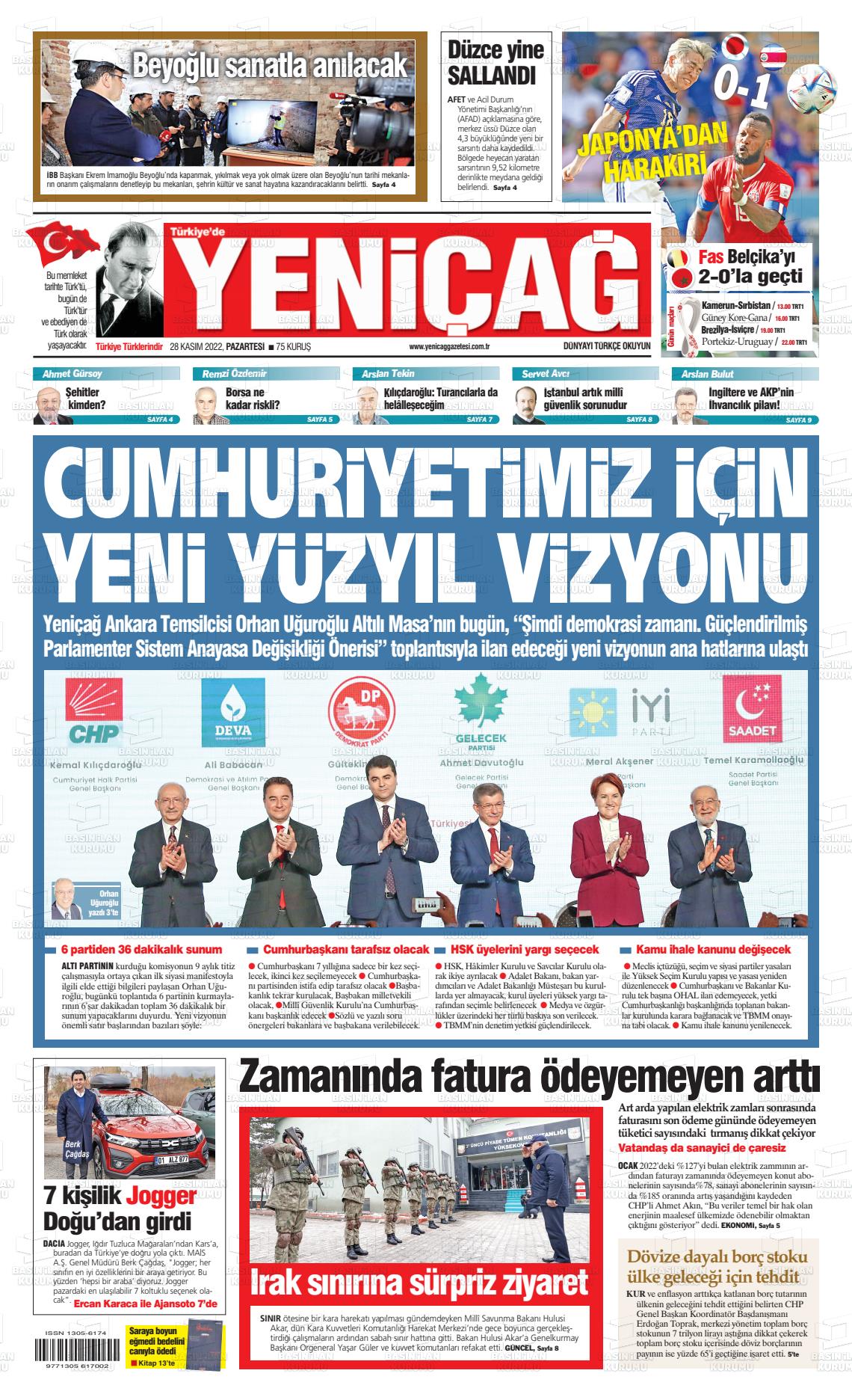 28 Kasım 2022 Yeniçağ Gazete Manşeti