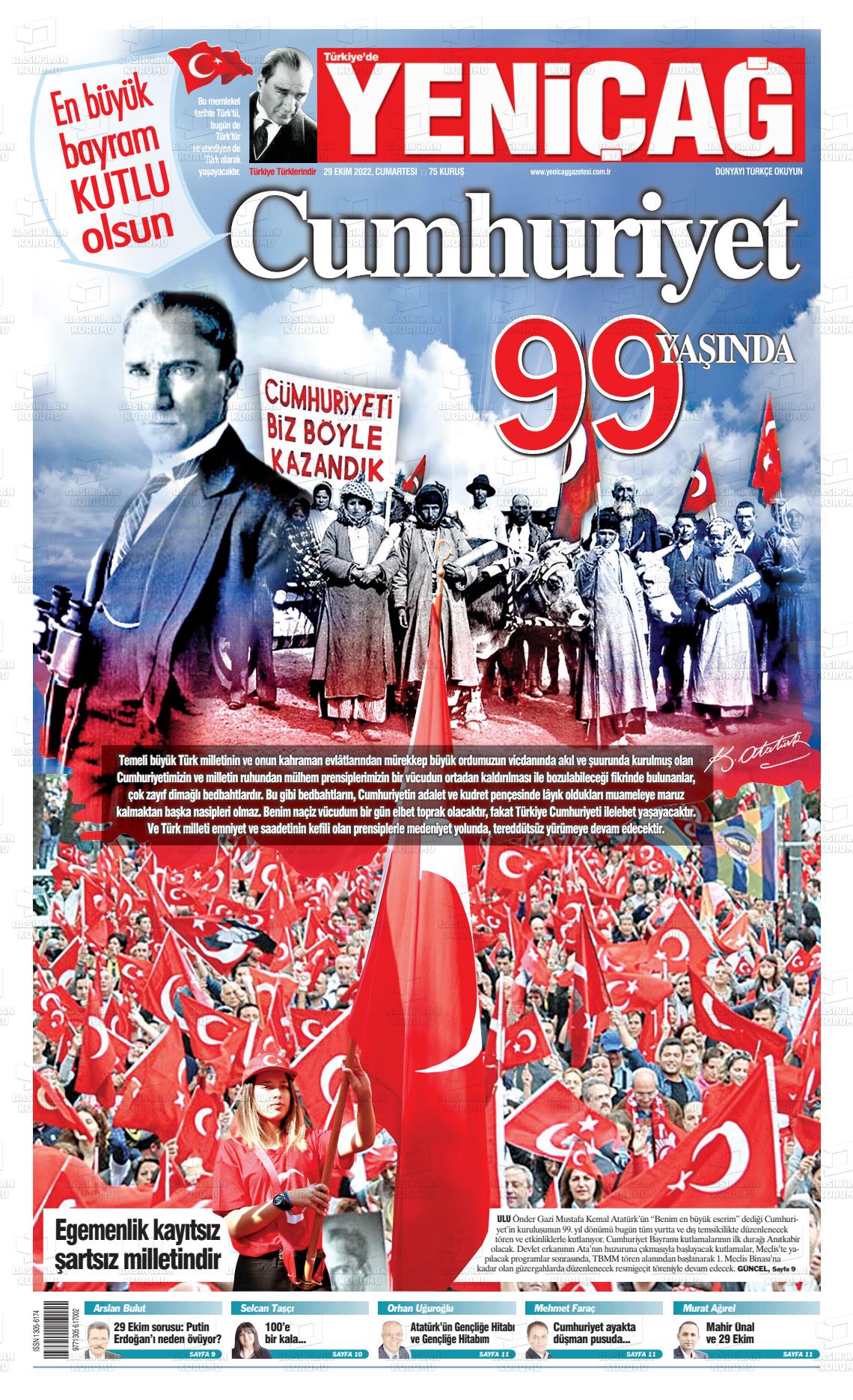 29 Ekim 2022 Yeniçağ Gazete Manşeti