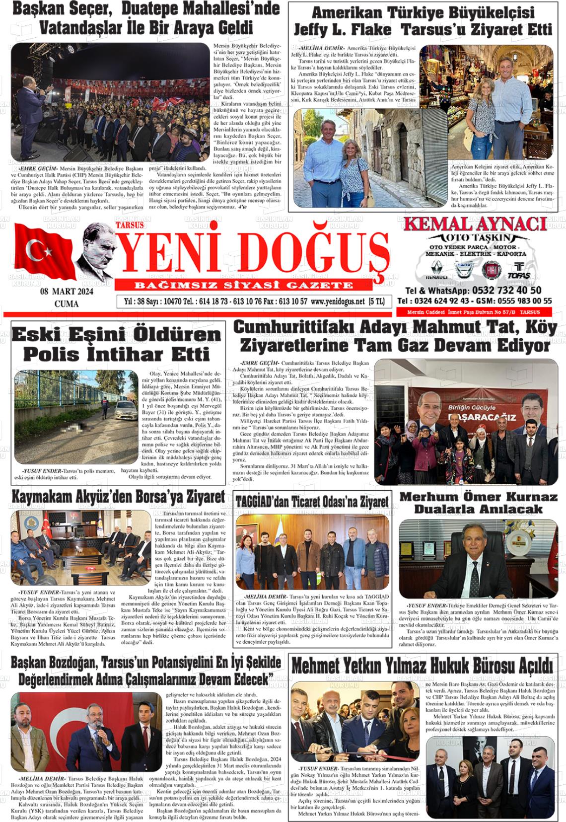 08 Mart 2024 Tarsus Yeni Doğuş Gazete Manşeti