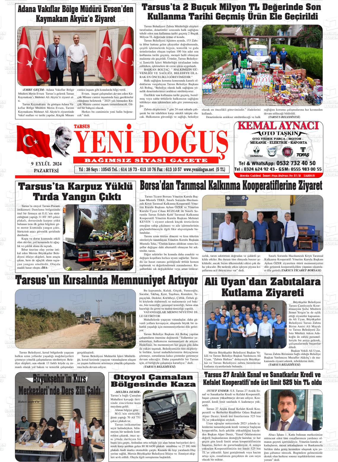 09 Eylül 2024 Tarsus Yeni Doğuş Gazete Manşeti