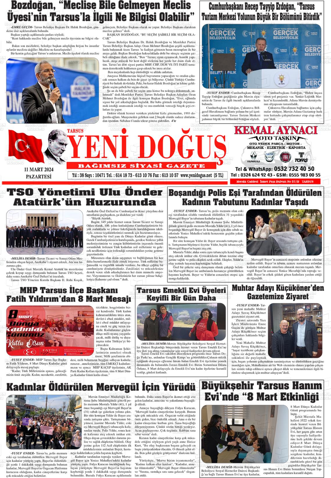 11 Mart 2024 Tarsus Yeni Doğuş Gazete Manşeti