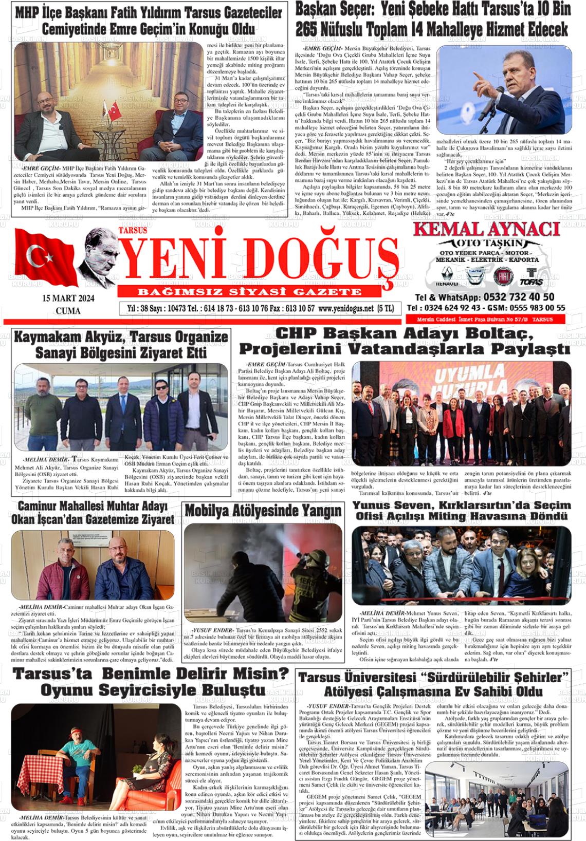 15 Mart 2024 Tarsus Yeni Doğuş Gazete Manşeti