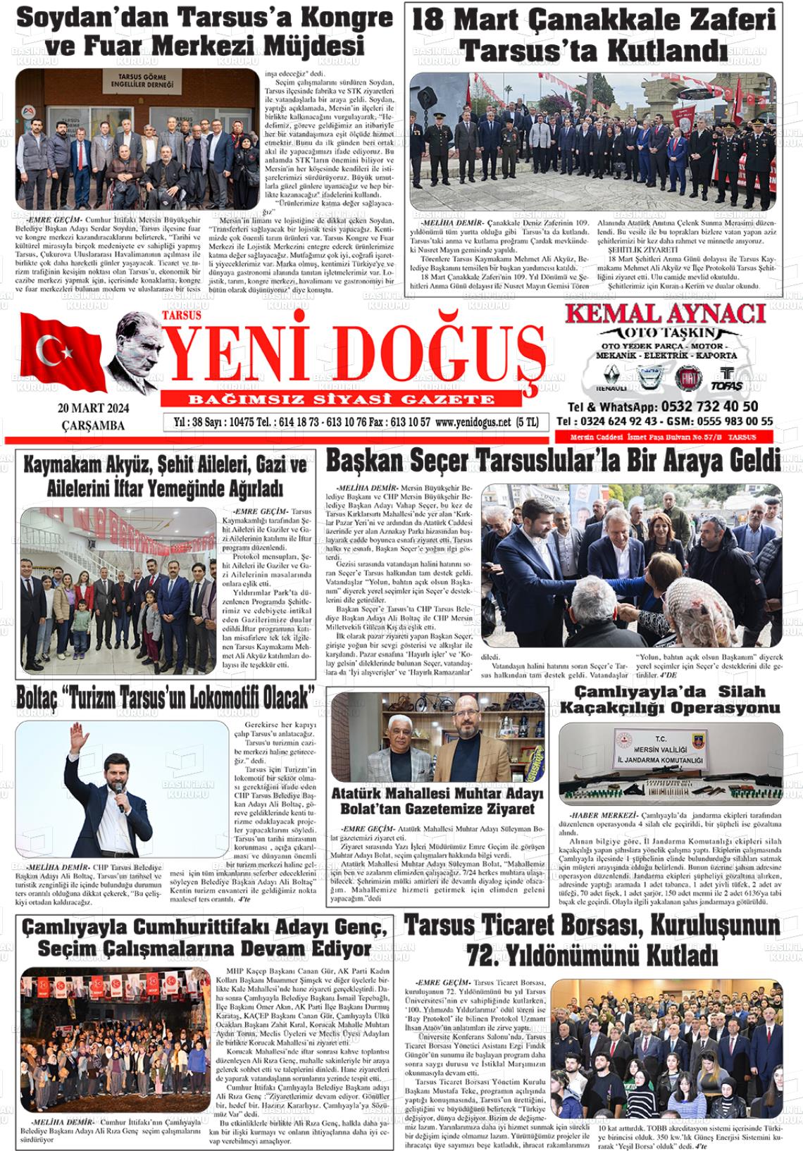 20 Mart 2024 Tarsus Yeni Doğuş Gazete Manşeti