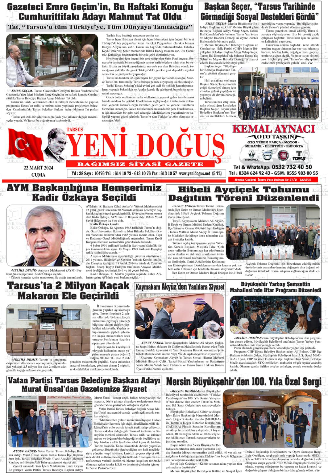 22 Mart 2024 Tarsus Yeni Doğuş Gazete Manşeti