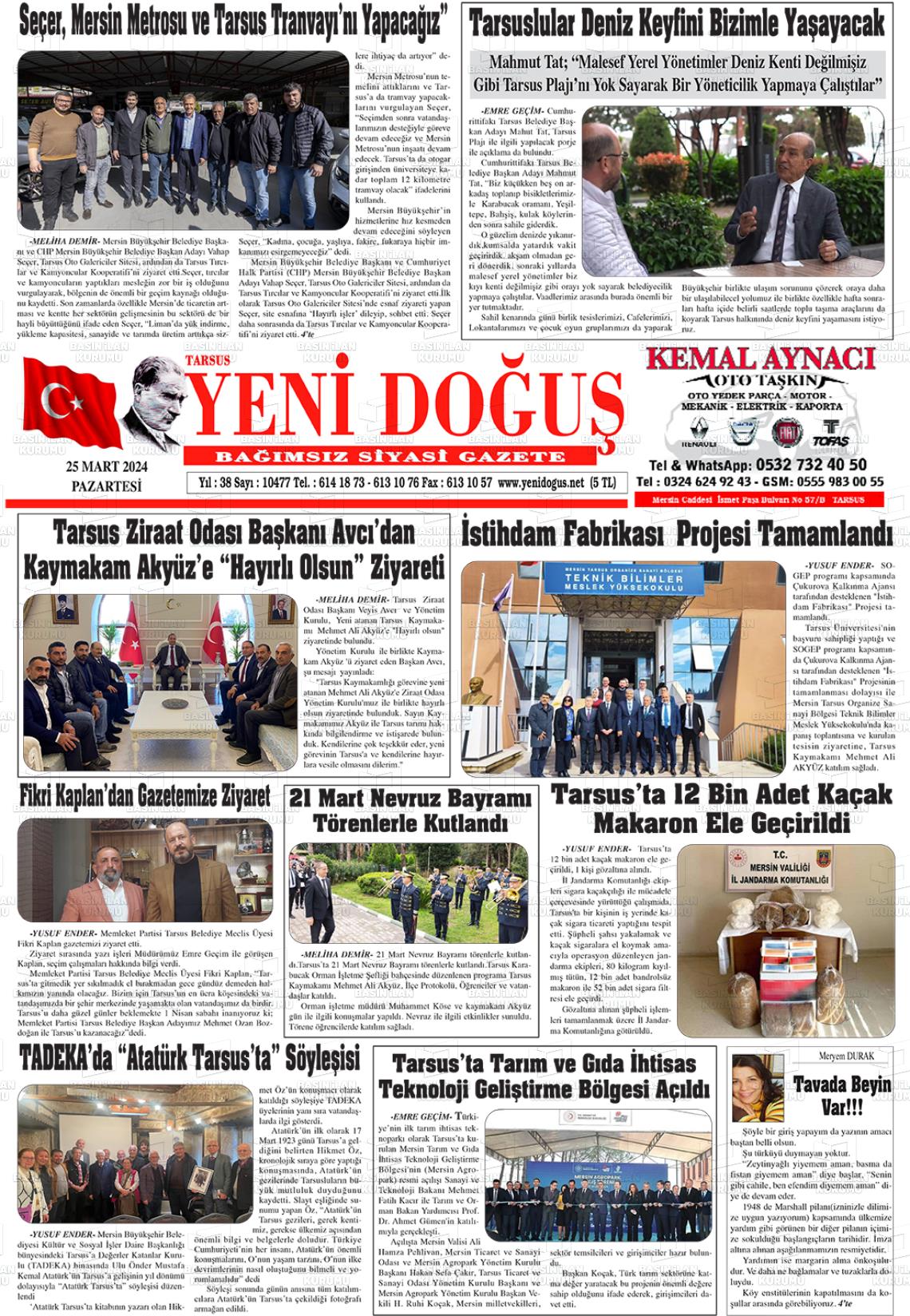 25 Mart 2024 Tarsus Yeni Doğuş Gazete Manşeti