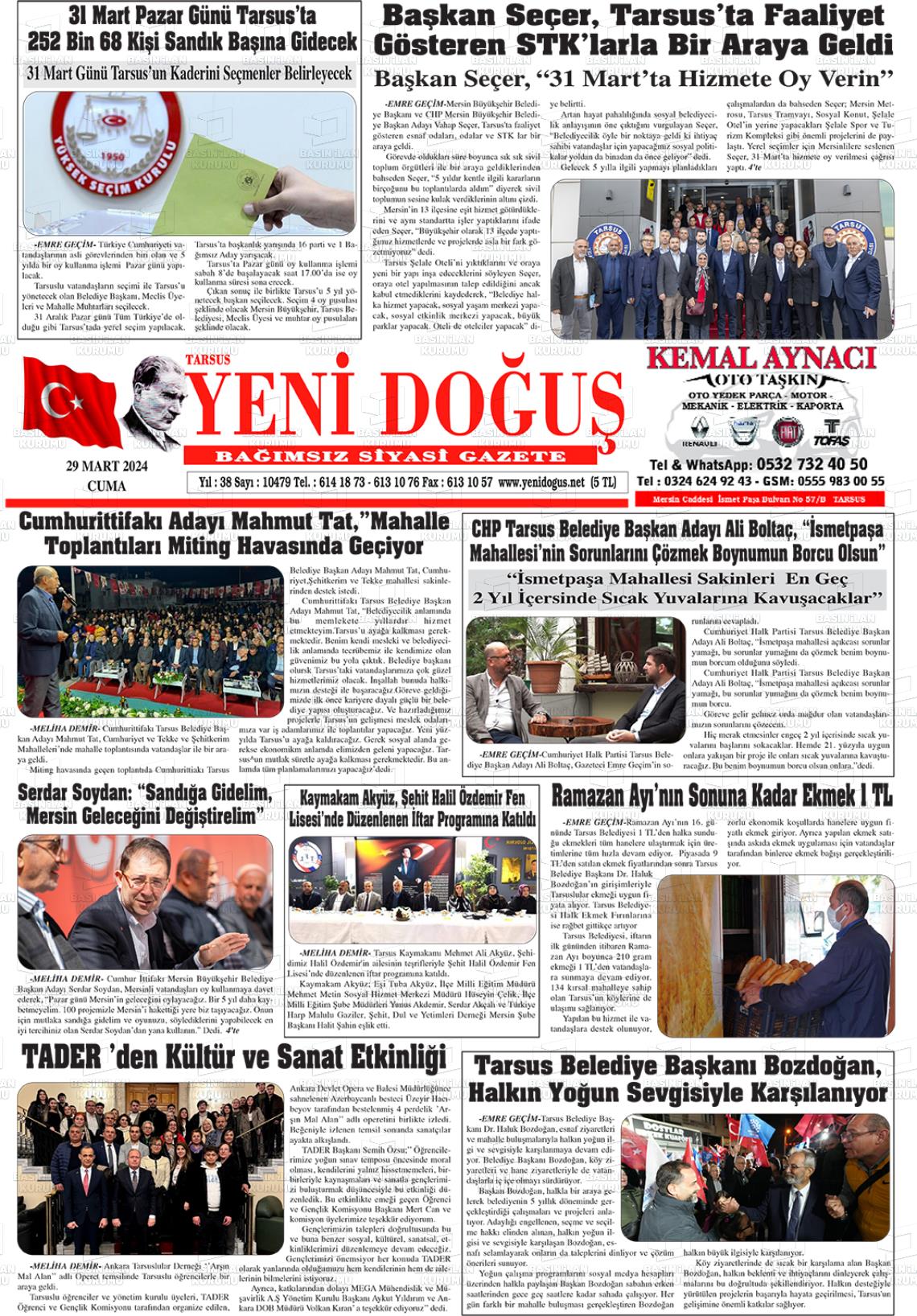 29 Mart 2024 Tarsus Yeni Doğuş Gazete Manşeti