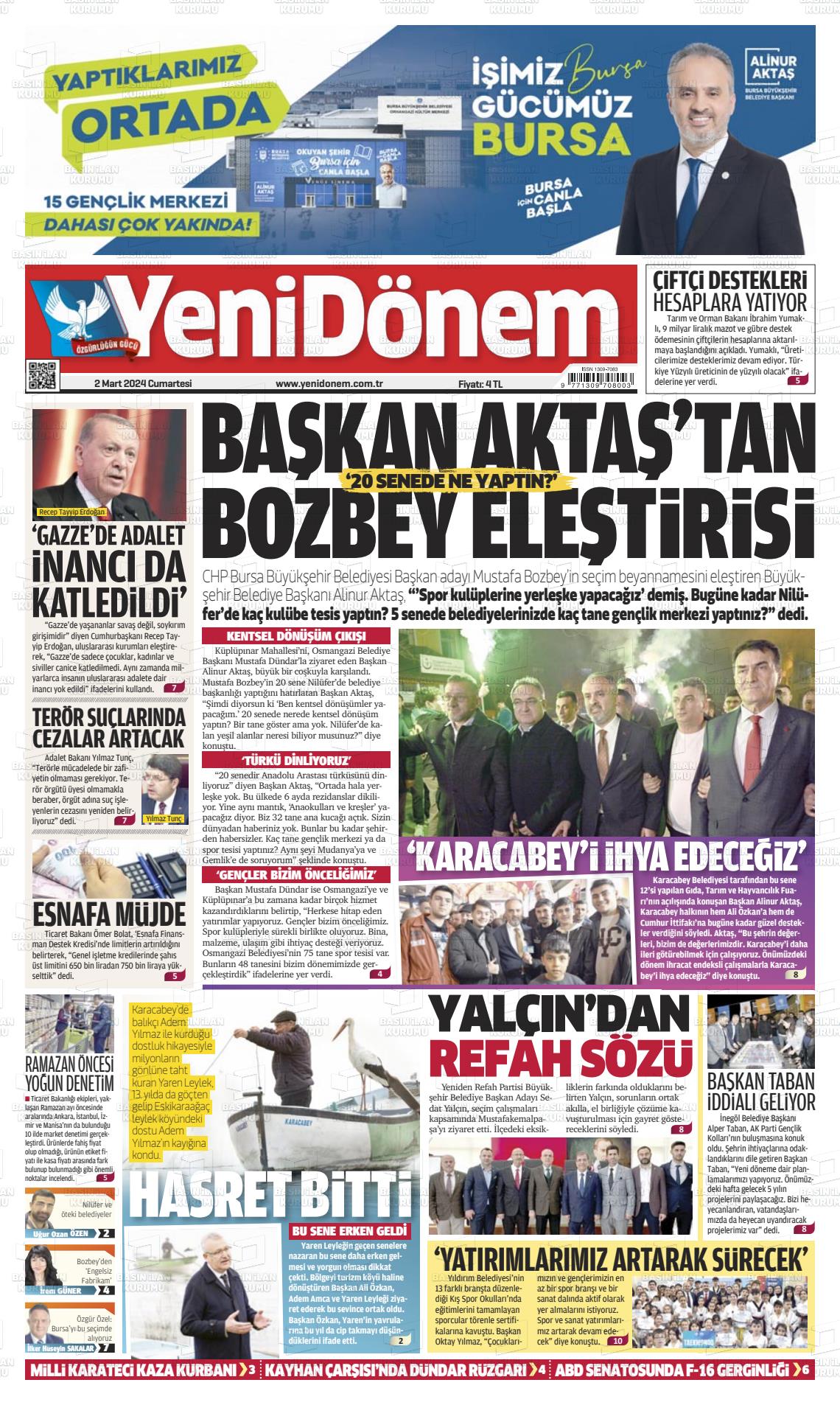 02 Mart 2024 Yeni Dönem Gazete Manşeti