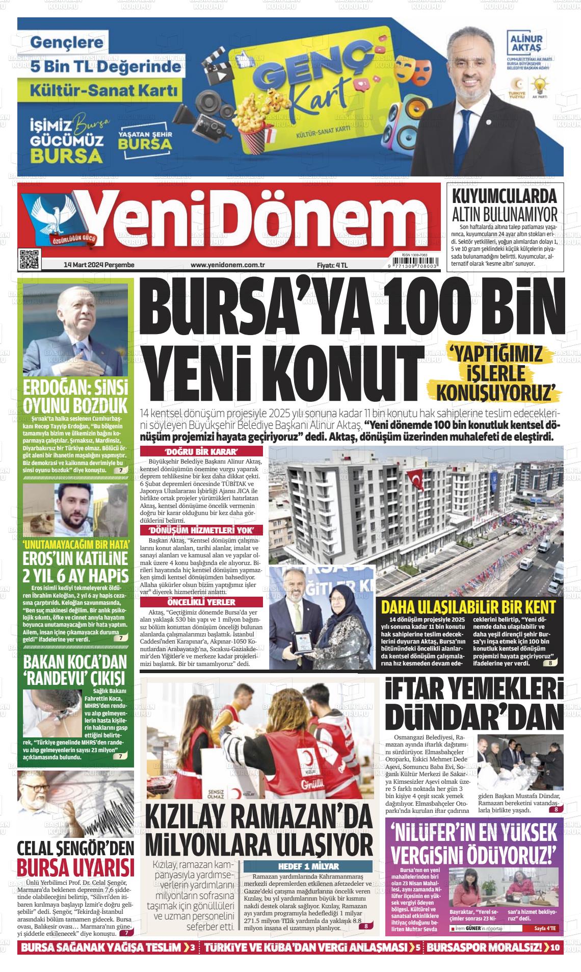 14 Mart 2024 Yeni Dönem Gazete Manşeti