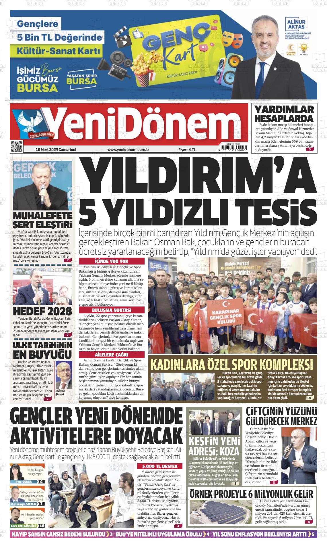 16 Mart 2024 Yeni Dönem Gazete Manşeti