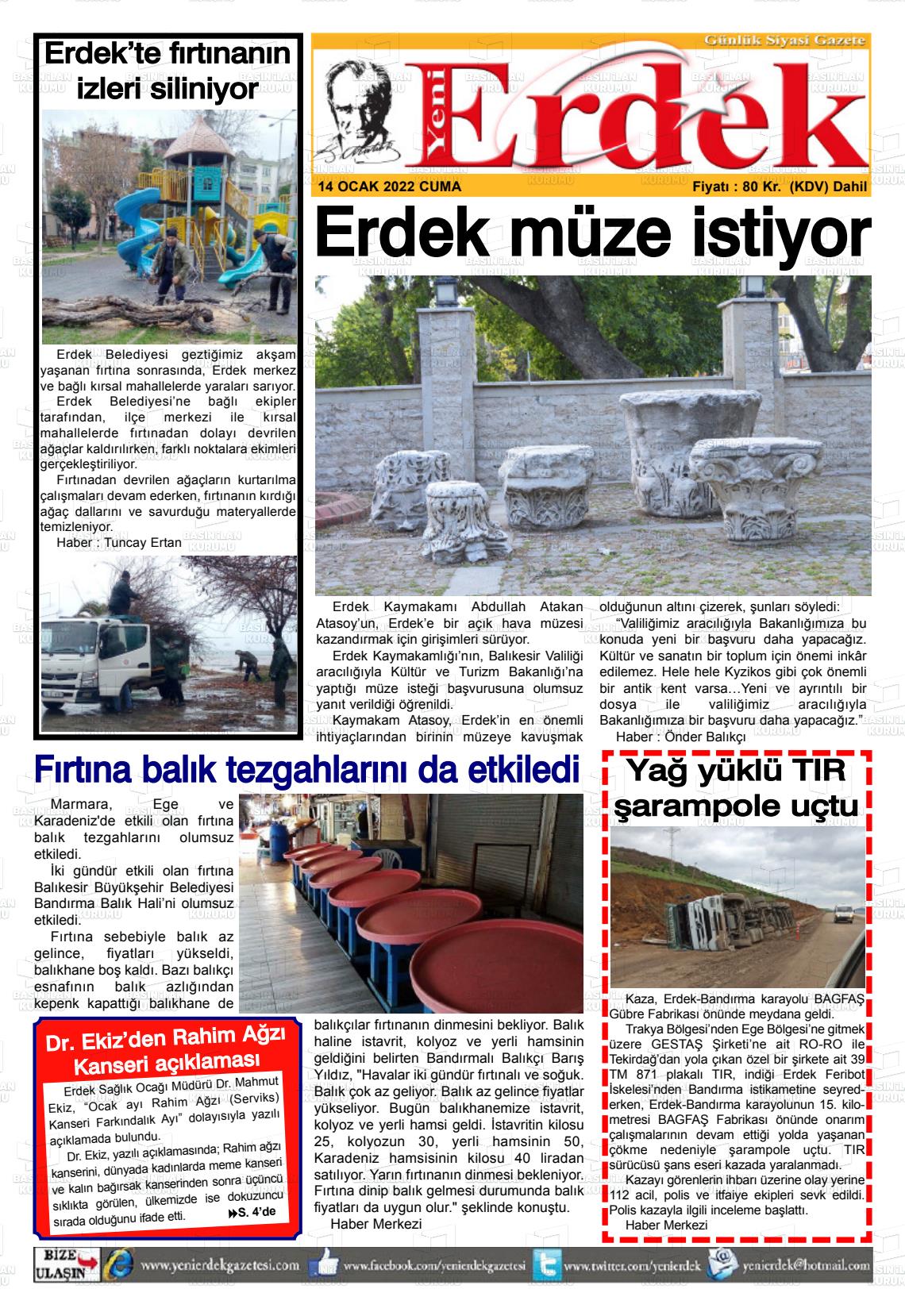 14 Ocak 2022 Yeni Erdek Gazete Manşeti