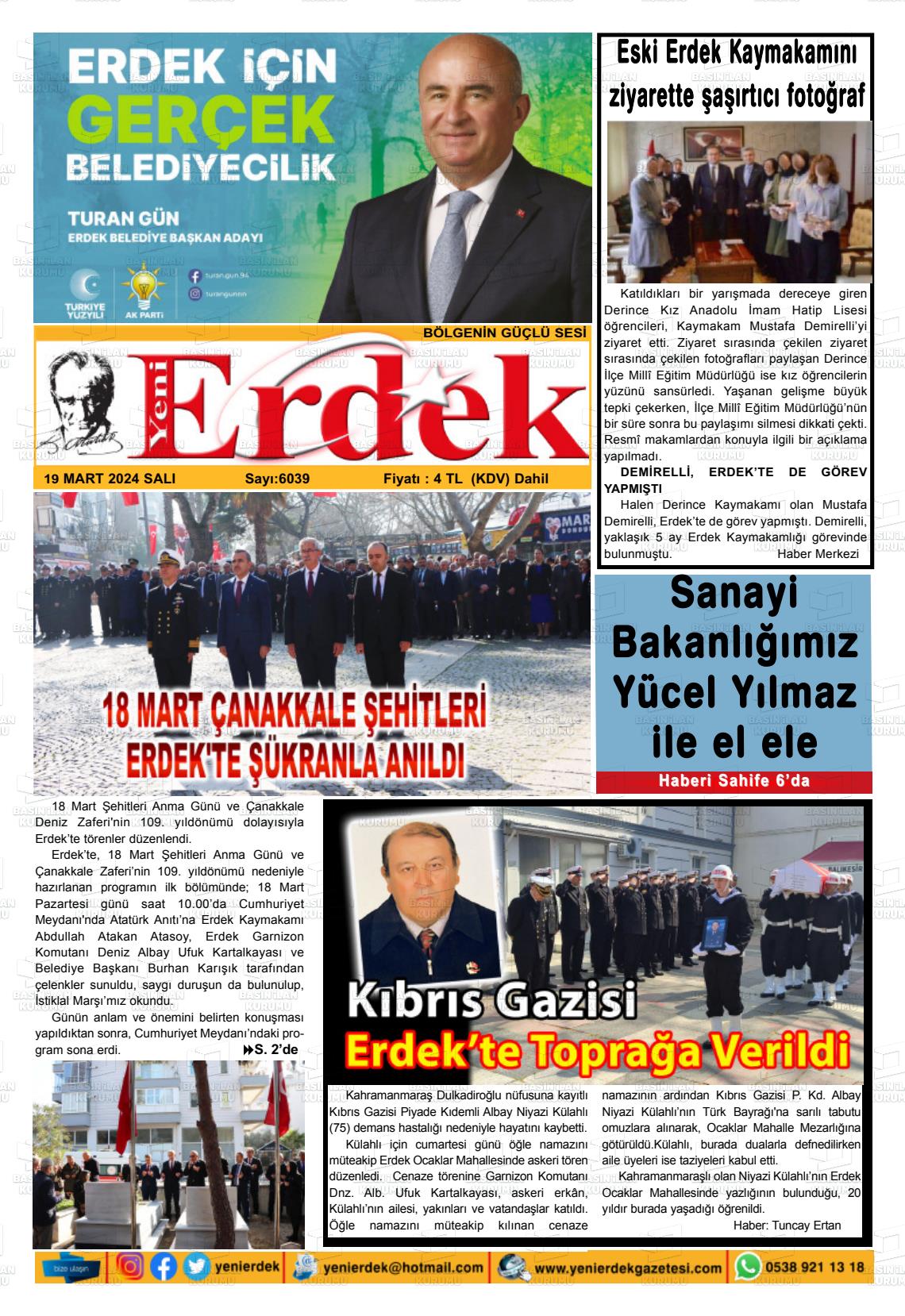 19 Mart 2024 Yeni Erdek Gazete Manşeti