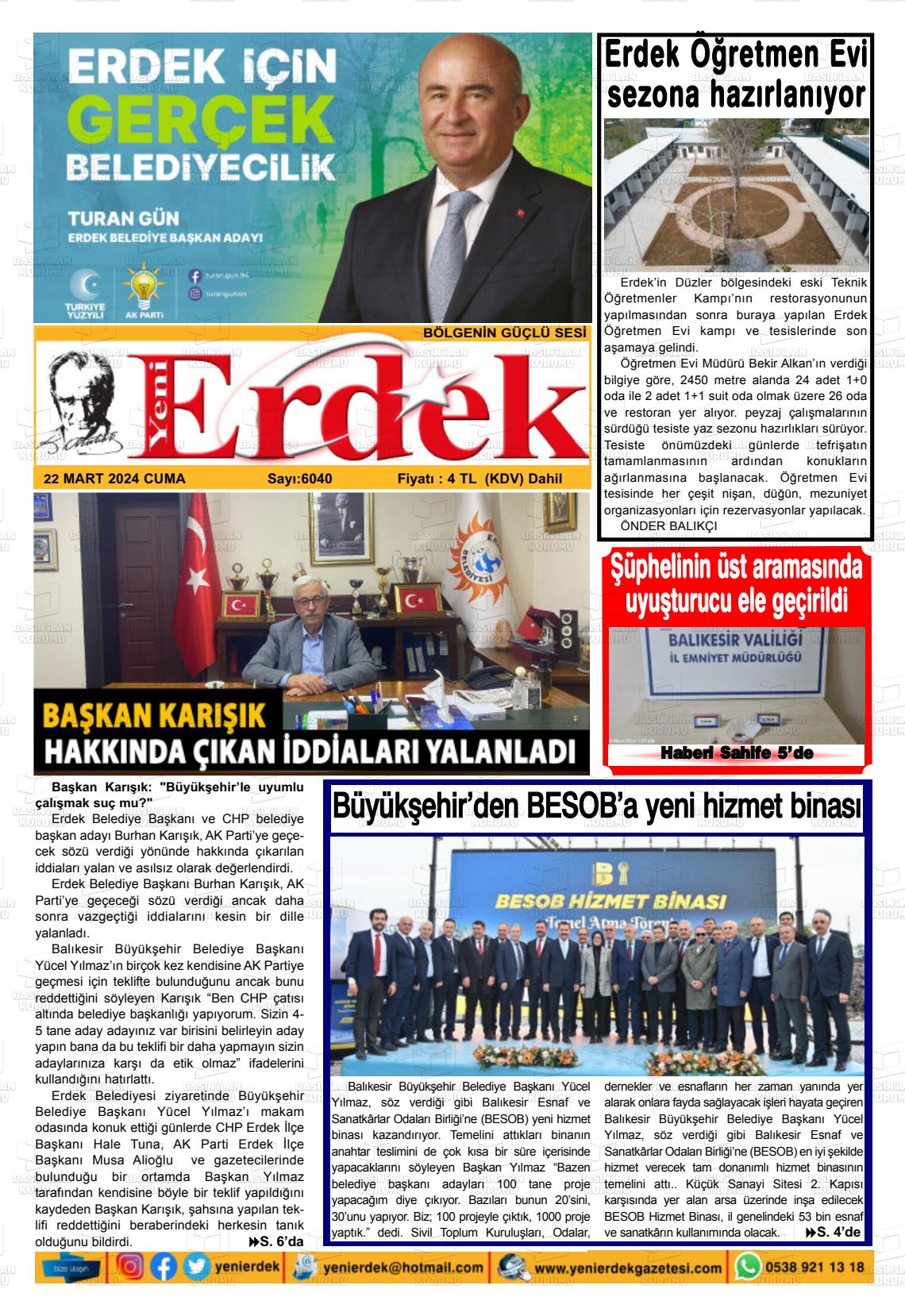 22 Mart 2024 Yeni Erdek Gazete Manşeti