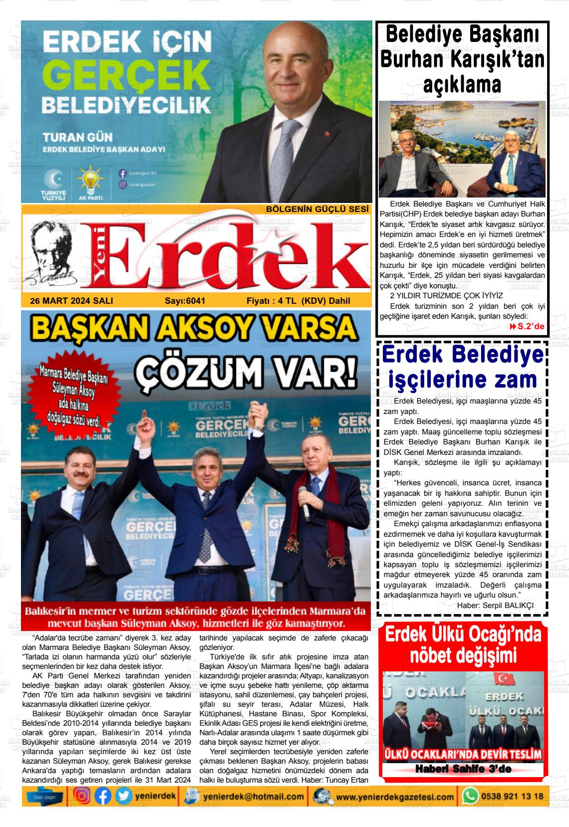 26 Mart 2024 Yeni Erdek Gazete Manşeti