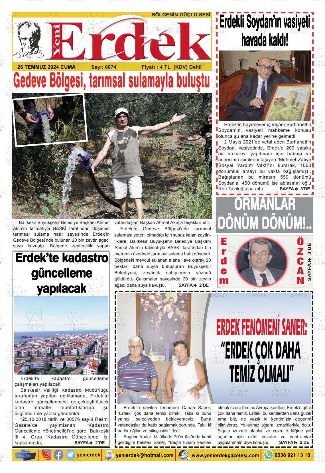 27 Temmuz 2024 Yeni Erdek Gazete Manşeti