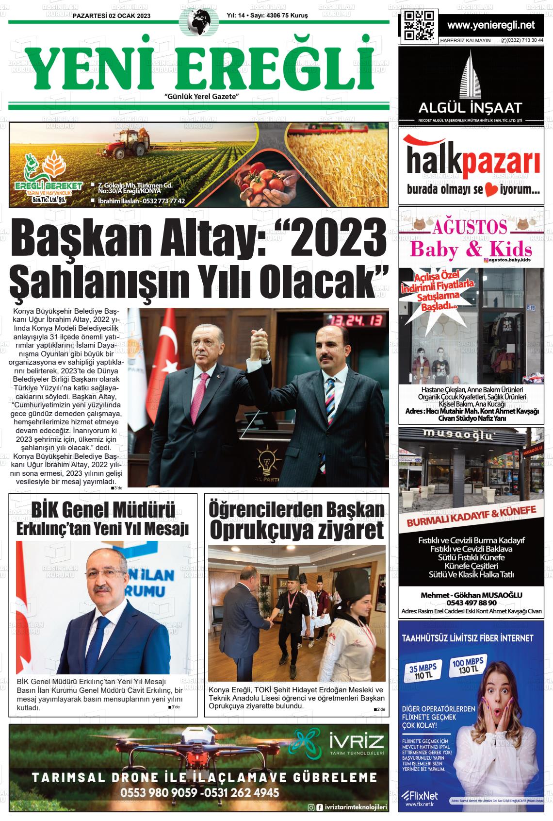 02 Ocak 2023 Yeni Ereğli Gazete Manşeti