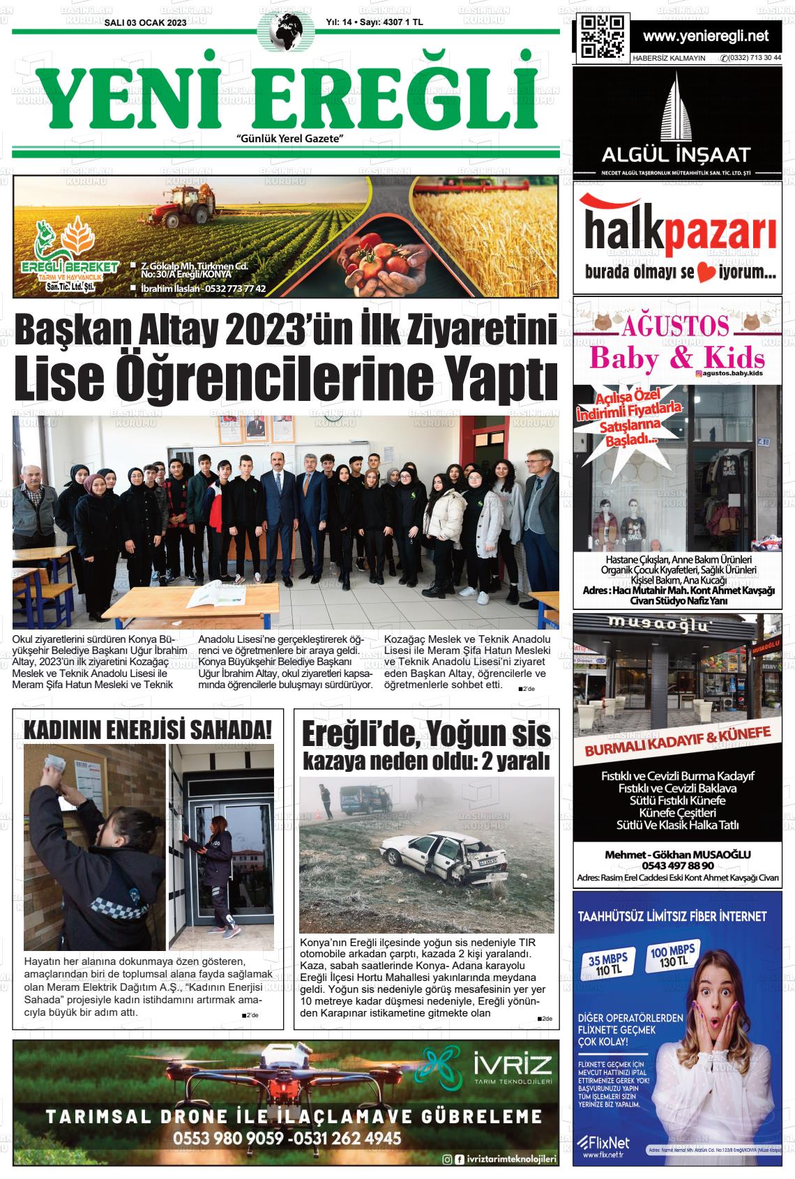 03 Ocak 2023 Yeni Ereğli Gazete Manşeti