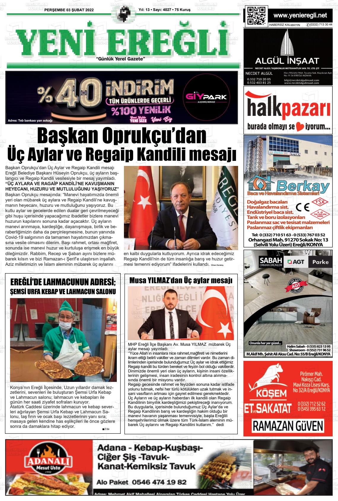 03 Şubat 2022 Yeni Ereğli Gazete Manşeti