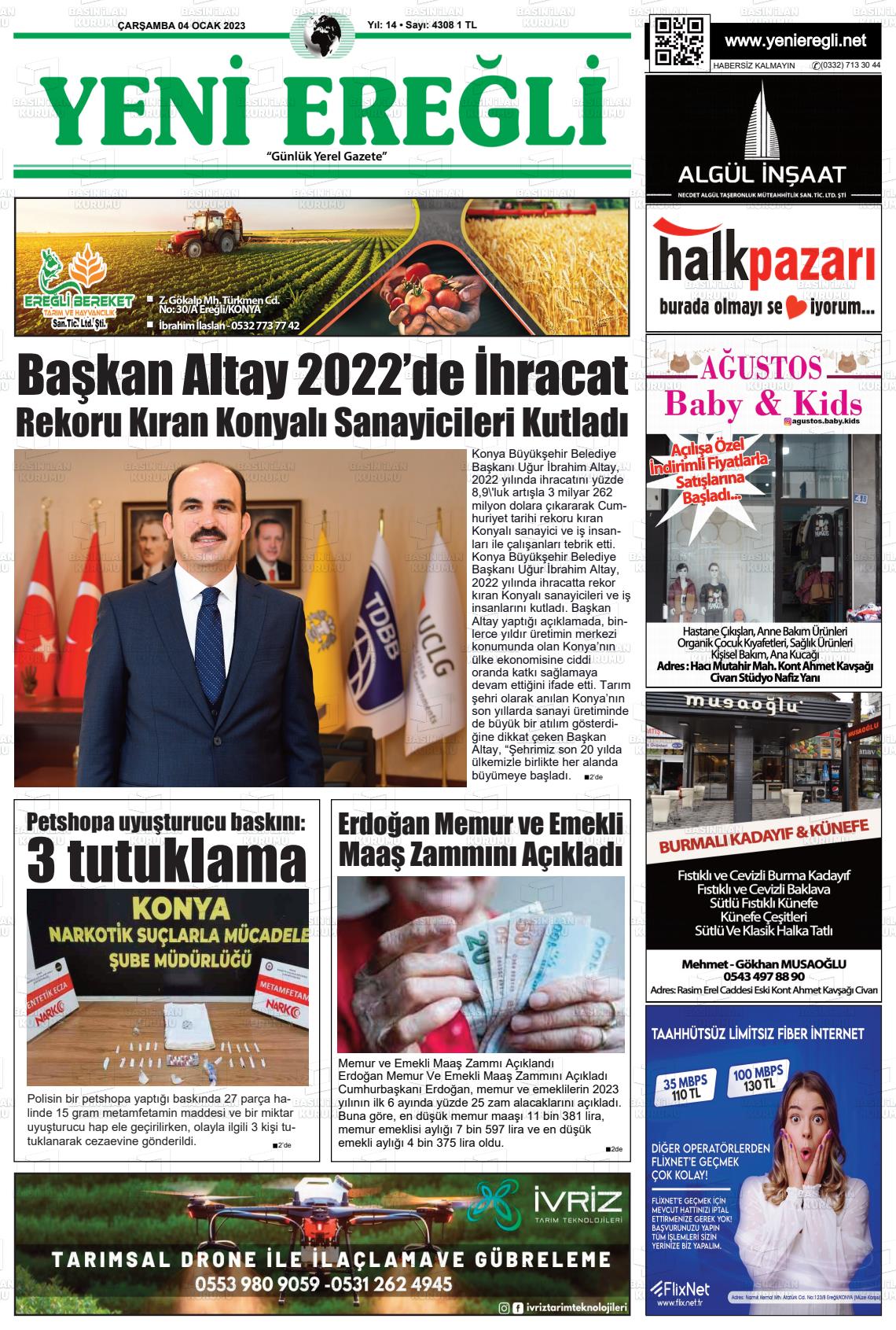 04 Ocak 2023 Yeni Ereğli Gazete Manşeti