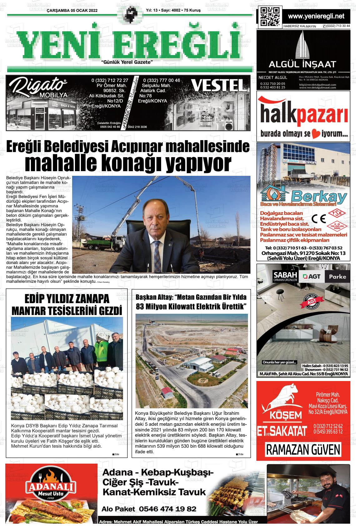 05 Ocak 2022 Yeni Ereğli Gazete Manşeti