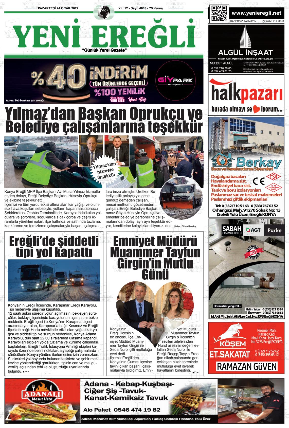 24 Ocak 2022 Yeni Ereğli Gazete Manşeti