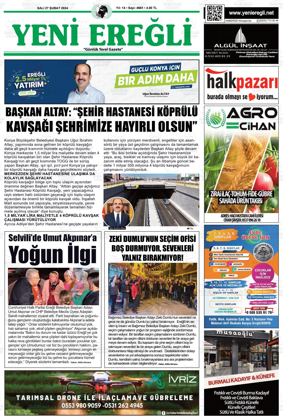 27 Şubat 2024 Yeni Ereğli Gazete Manşeti