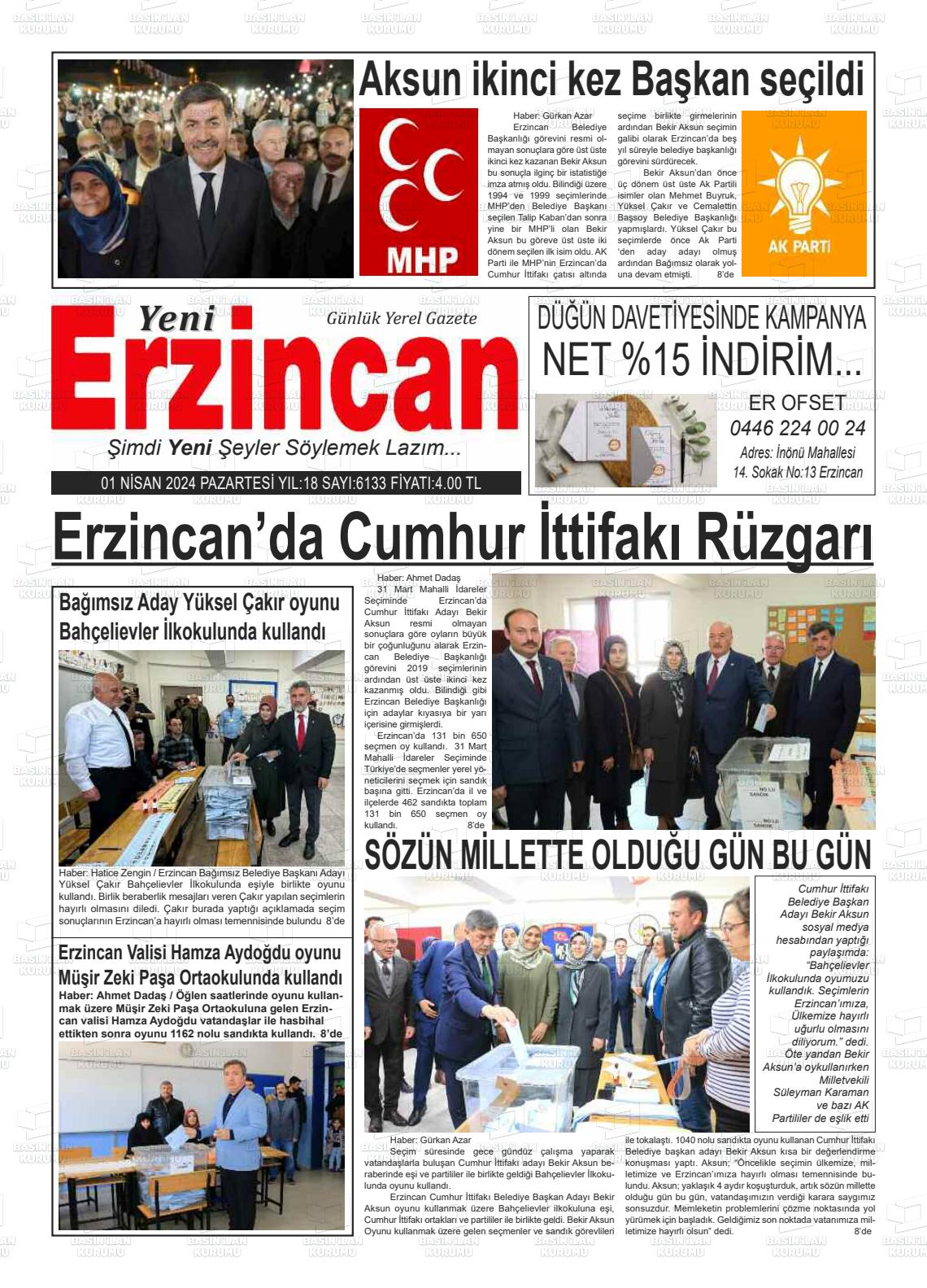 01 Nisan 2024 Yeni Erzincan Gazete Manşeti