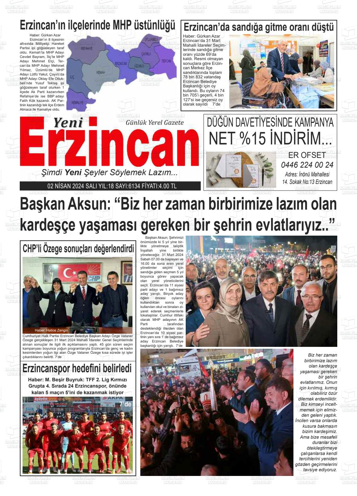 02 Nisan 2024 Yeni Erzincan Gazete Manşeti