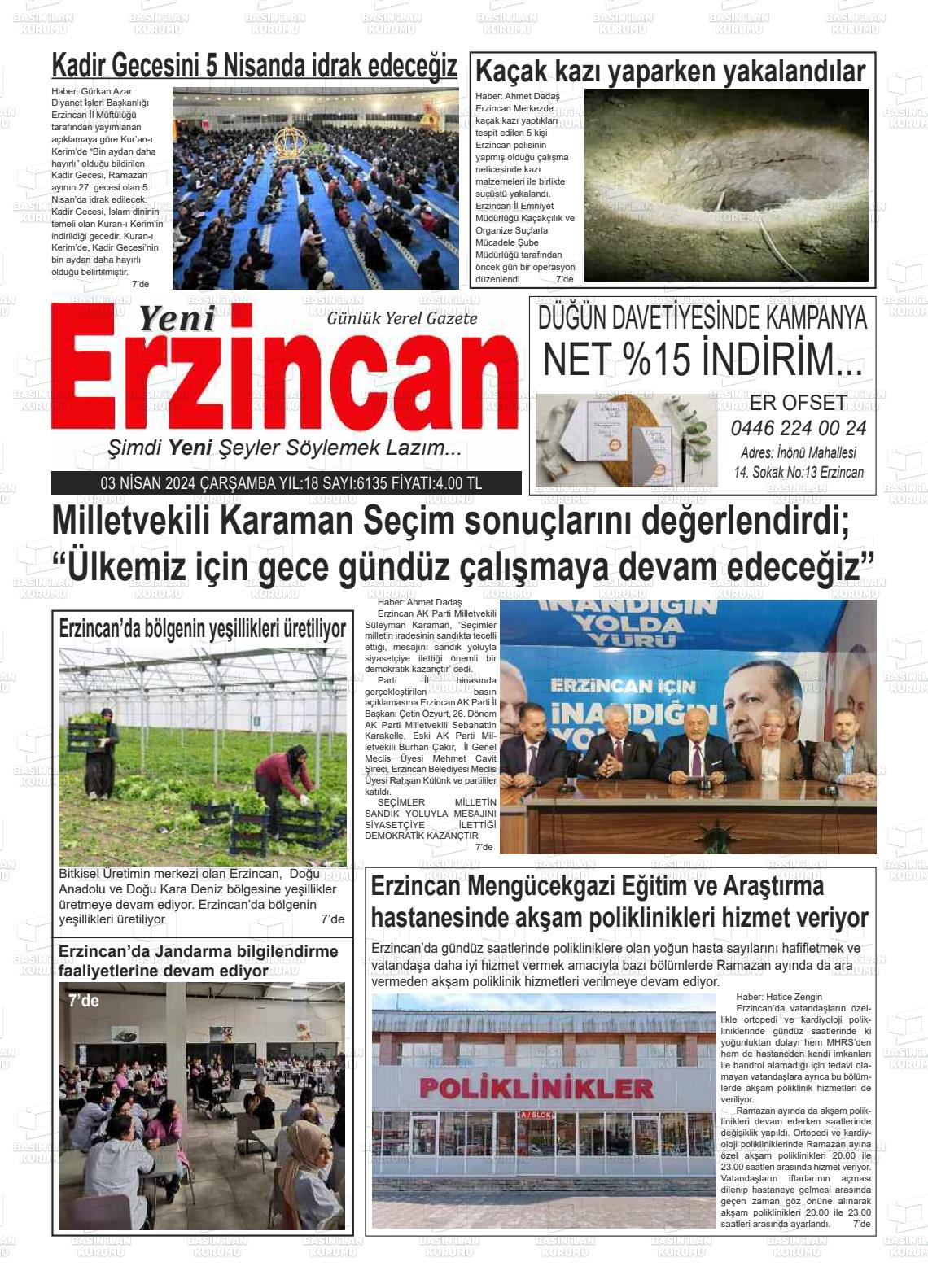 03 Nisan 2024 Yeni Erzincan Gazete Manşeti