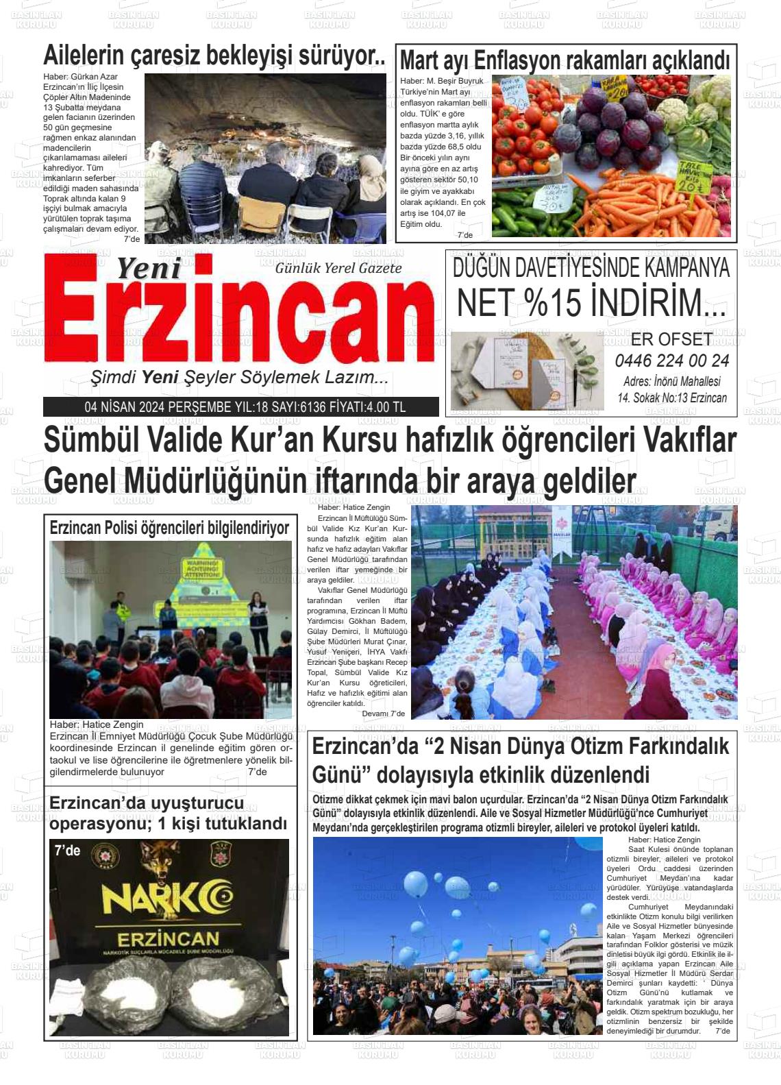 04 Nisan 2024 Yeni Erzincan Gazete Manşeti