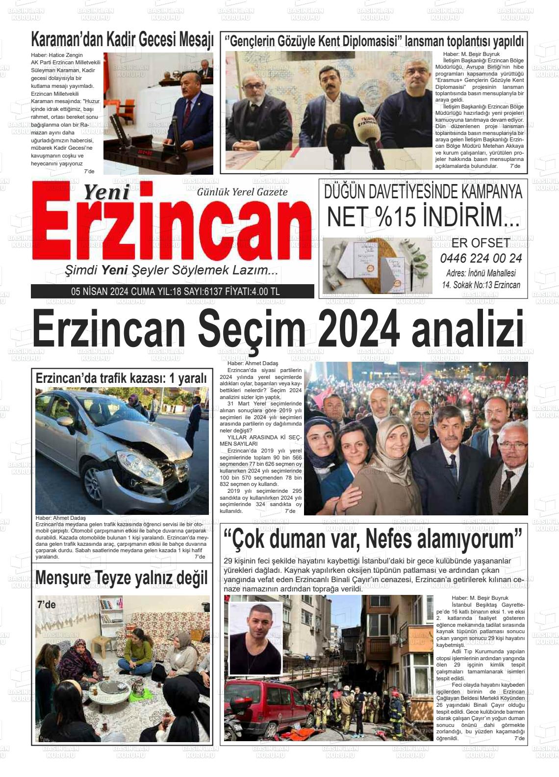 05 Nisan 2024 Yeni Erzincan Gazete Manşeti