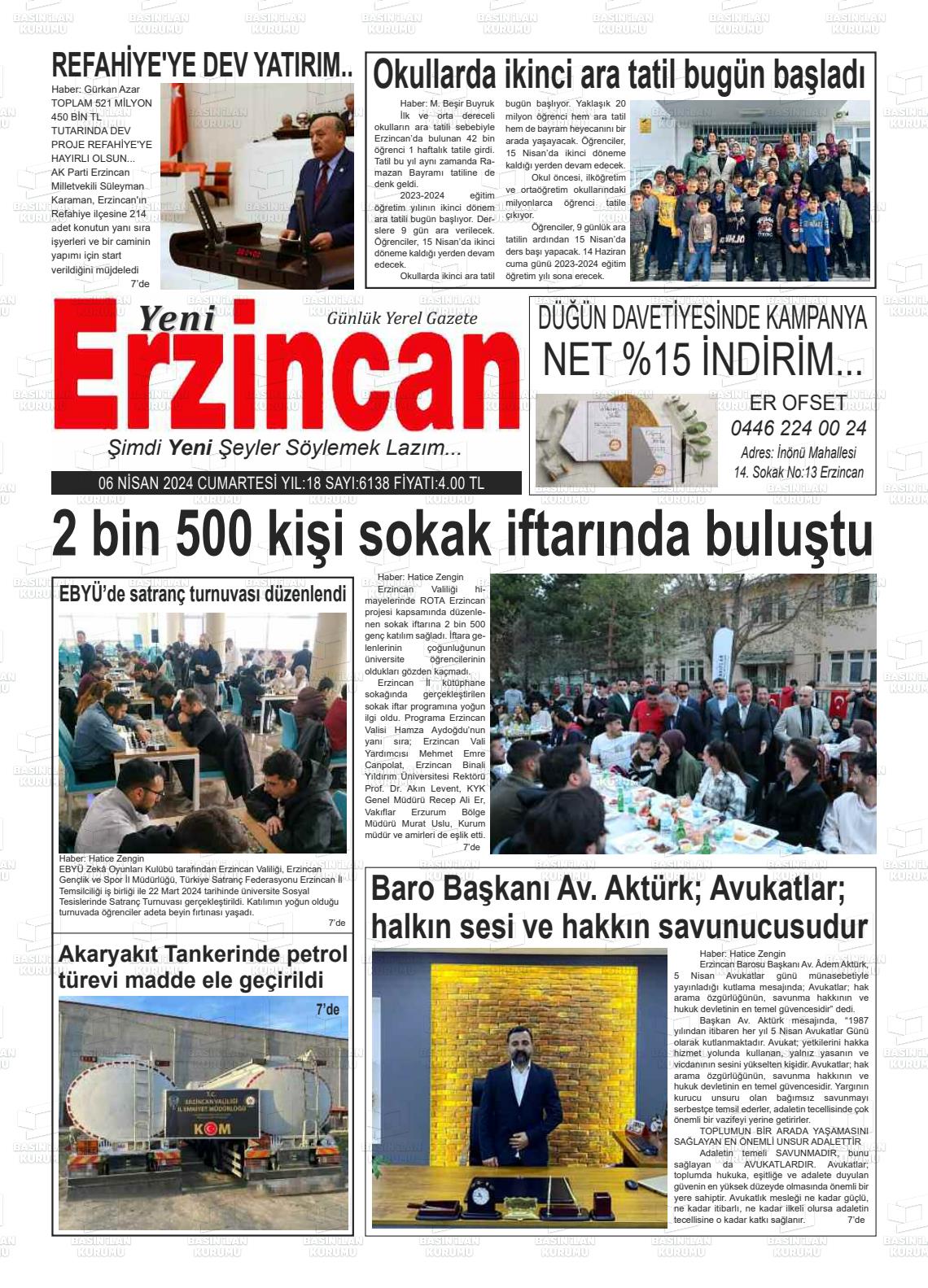 06 Nisan 2024 Yeni Erzincan Gazete Manşeti